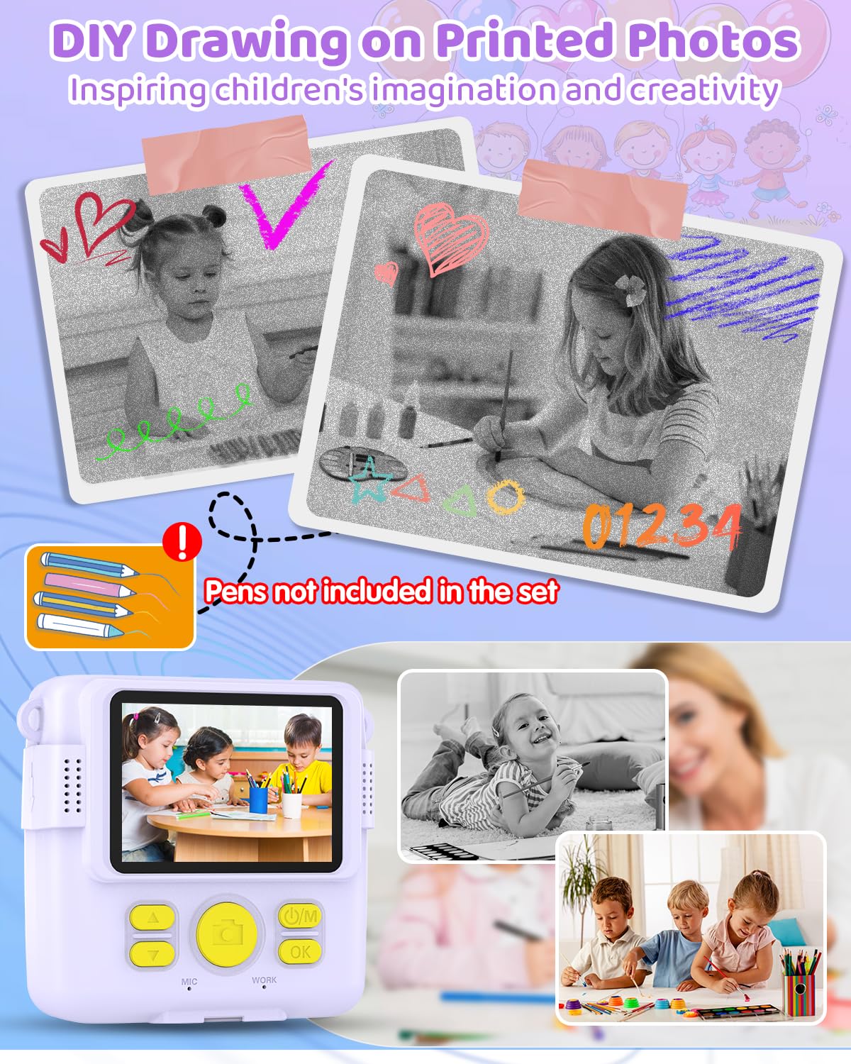 Instant Print Camera For Kids With 3 Rolls Of Printer Paper, 1080P Toddler Digital Camera Toys For Age 3 12 With 32Gb Sd Card, Christmas & Birthday Gifts For 3 4 5 6 7 8 Year Old Girls & Boys (Purple)