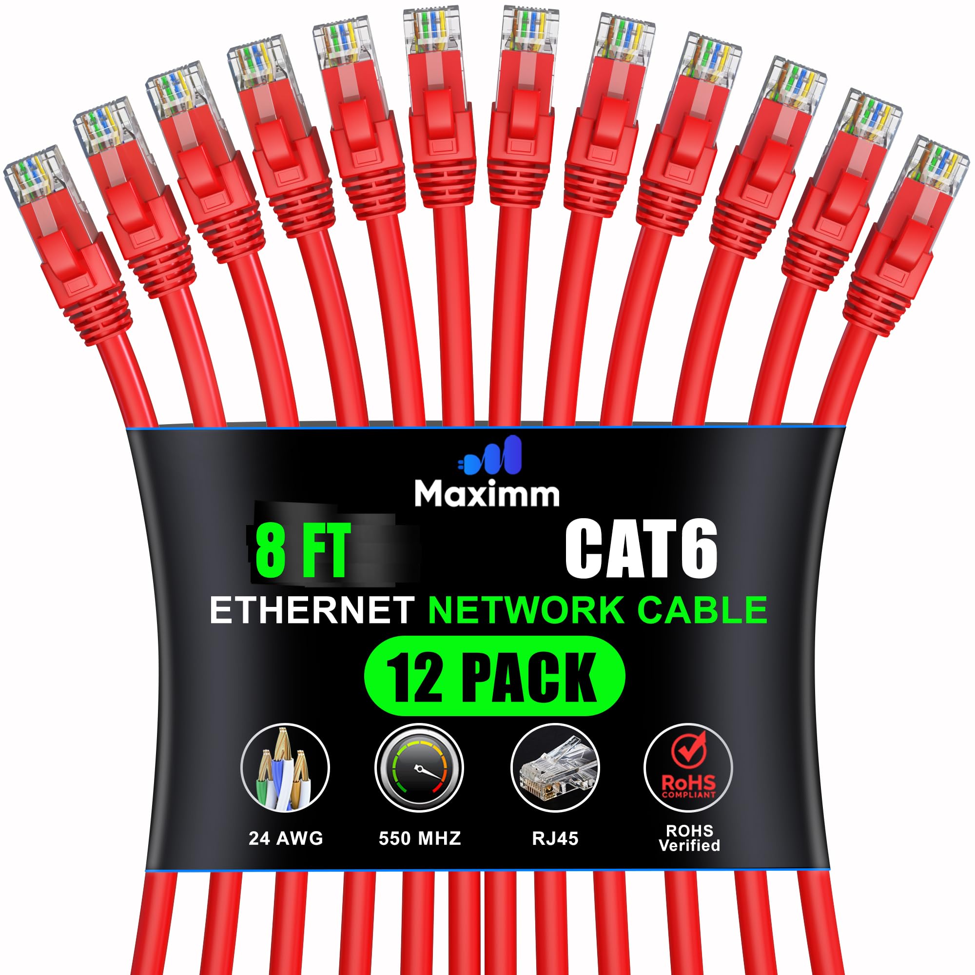 Maximm Cat 6 Ethernet Cable 8 Ft (12 Pack)   High Speed Lan Cable, Internet Cable, Patch Cable, And Network Cable   Utp, 10Gbps, 550Mhz Ethernet Cord   Red
