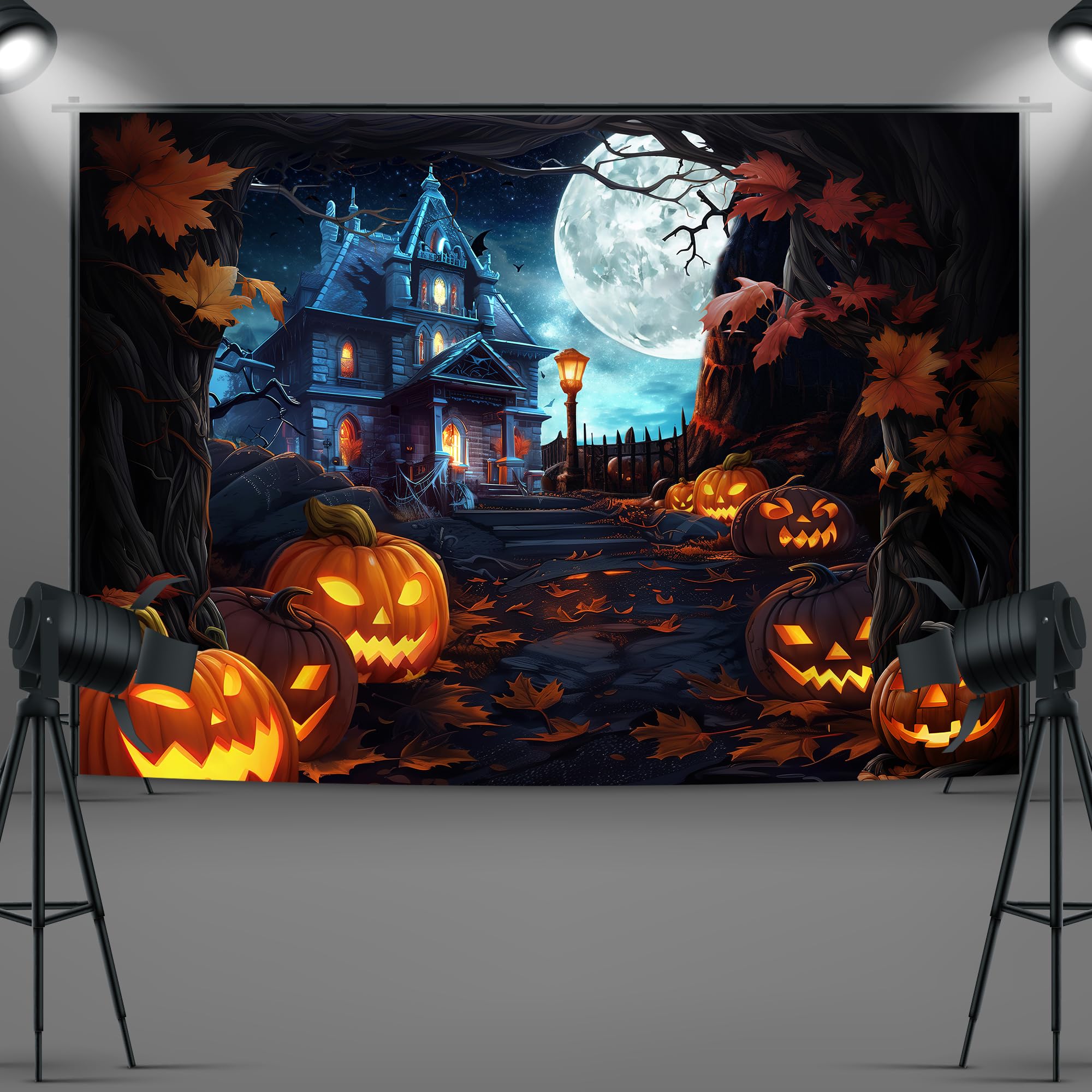 Imirell Halloween Backdrop 7Wx5H Feet Witchy Spooky Castle Moon Night Pumpkin Lantern Autumn Fall Maple Leaves Polyester Fabric