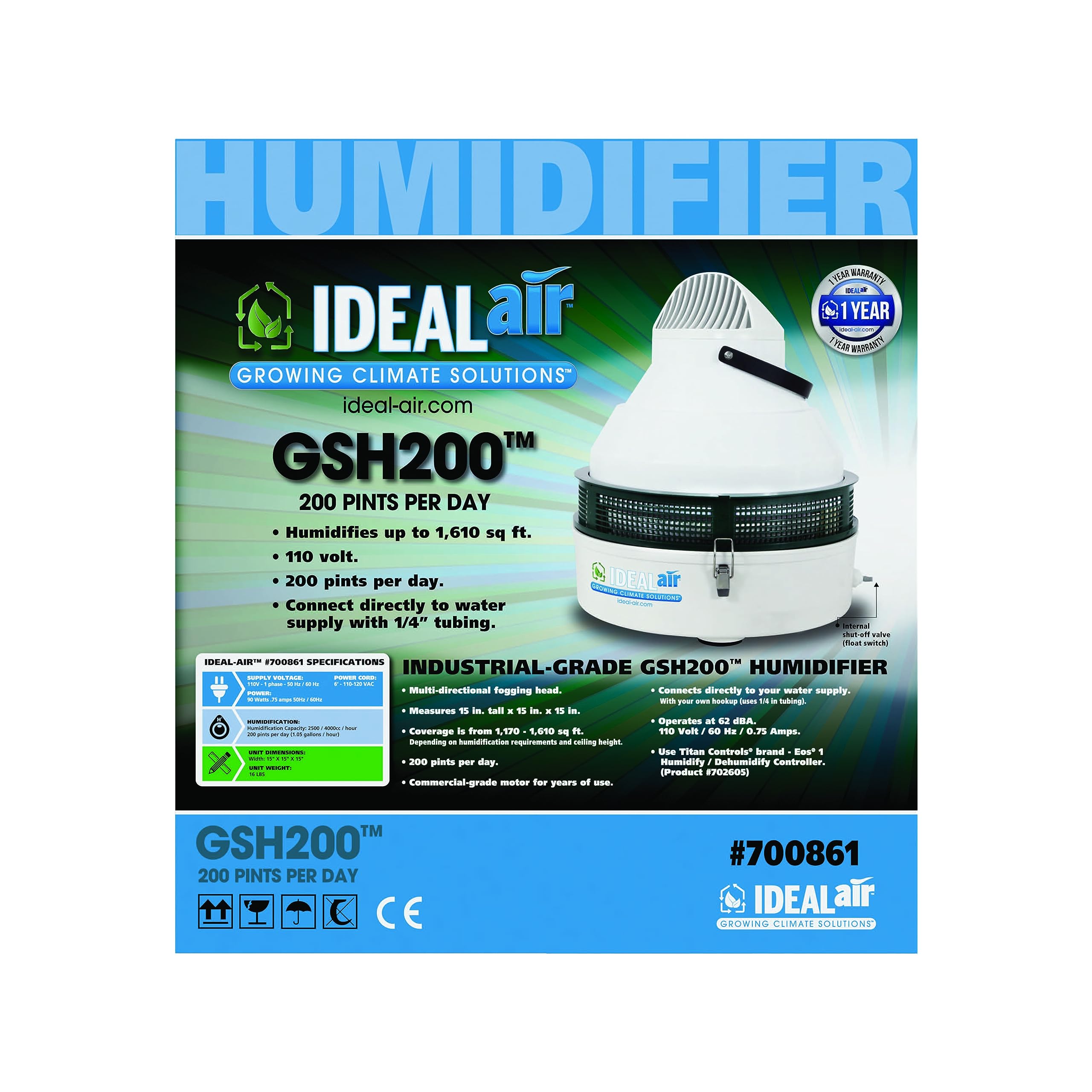 Ideal Air Industrial Grade Humidifier With Multi Directional Fogging Head, Indoor Plant Humidifier For Large Rooms, 200 Pints