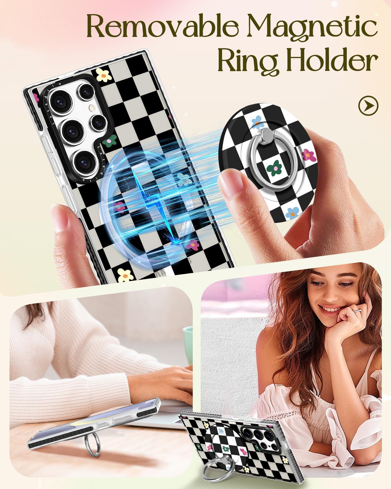 Lotadilo Cute Case For Samsung Galaxy S25 Ultra For Women Girls - Funny Plaid Flower Design Compatible With Magsafe Magnetic Rin