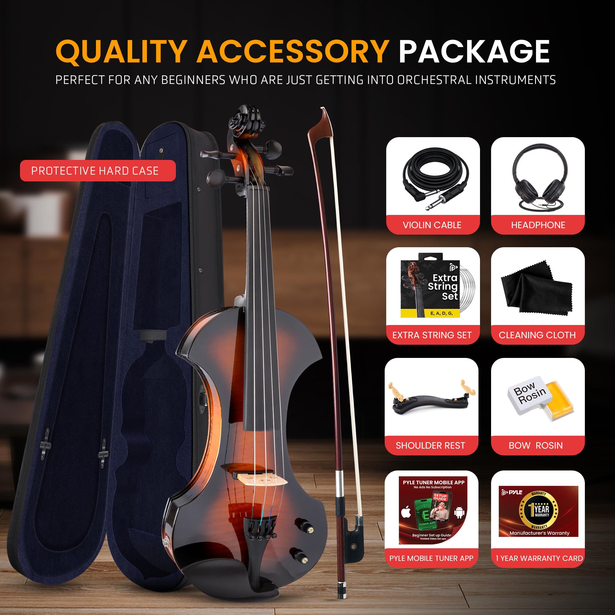 Pyle Full Size Electric Violin Kit   4/4 Solid Wood Silent Fiddle With Hard Case, Bow, Ebony Fittings, And Digital Tuner
