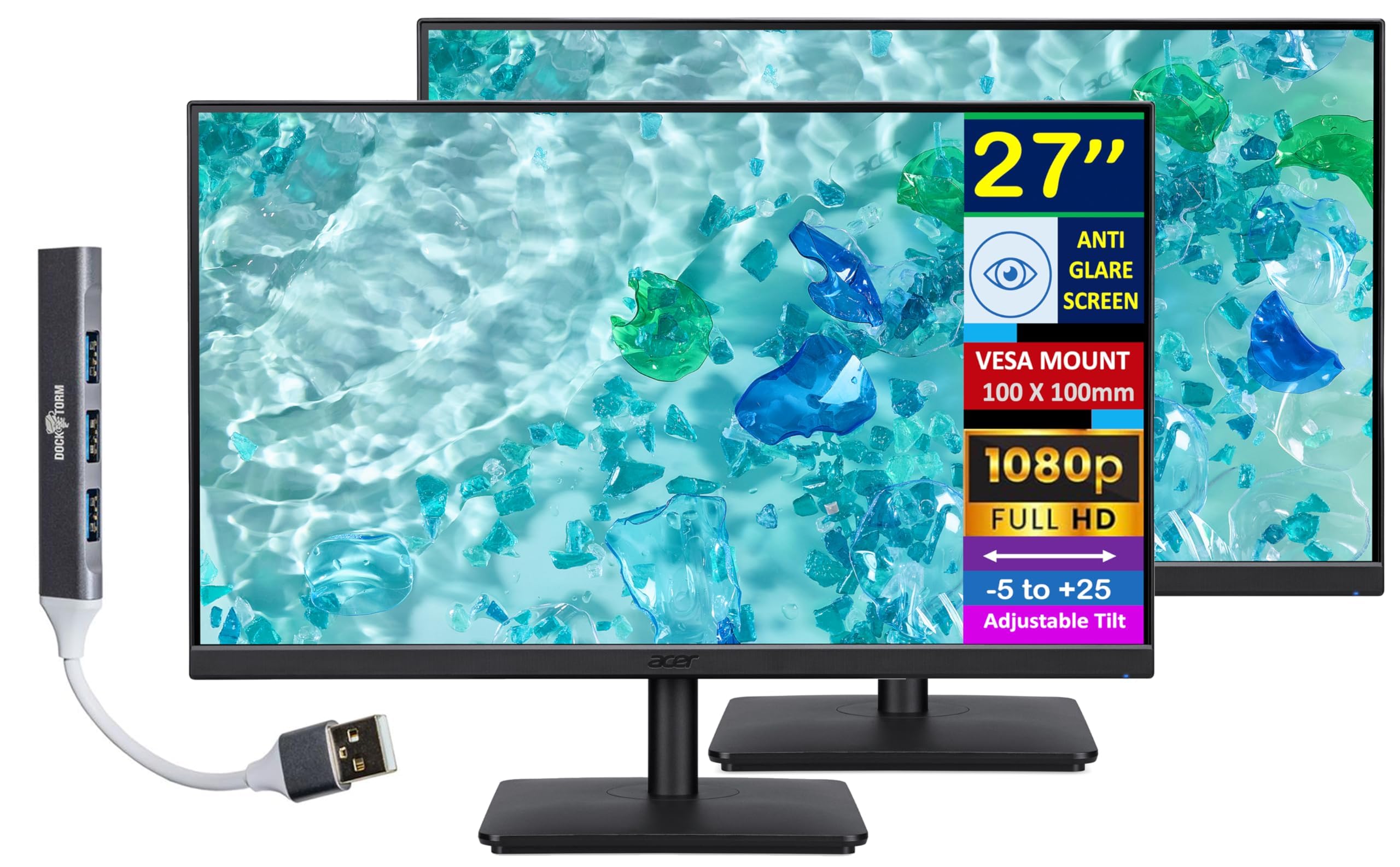 Acer 27 FHD IPS Monitor with 4ms Response Time, Anti Glare, VESA Mount (100mm), VGA, HDMI & Dockztorm Hub, Black Color 2 Pack