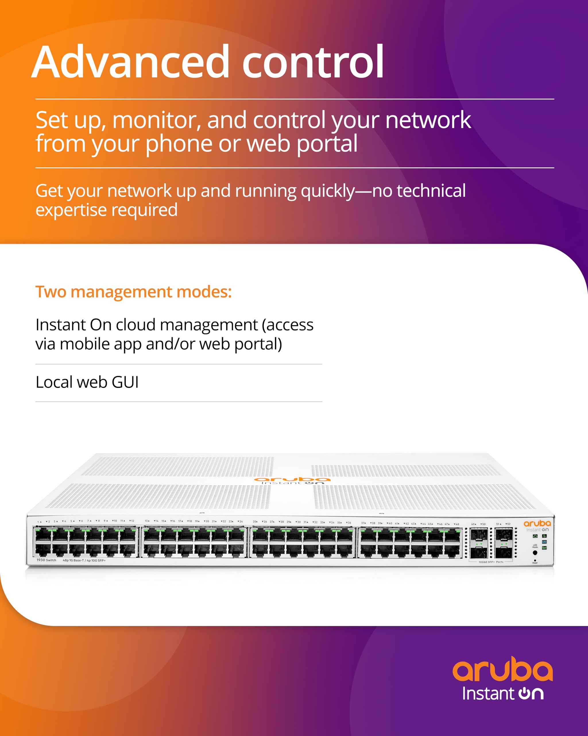 Hpe Aruba Instant On 1930 48G 4Sfp/Sfp+ Switch   Switch   L2+   Managed   48 X 10/100/1000 + 4 X 1 Gigabit / 10 Gigabit Sfp+   Rack Mountable