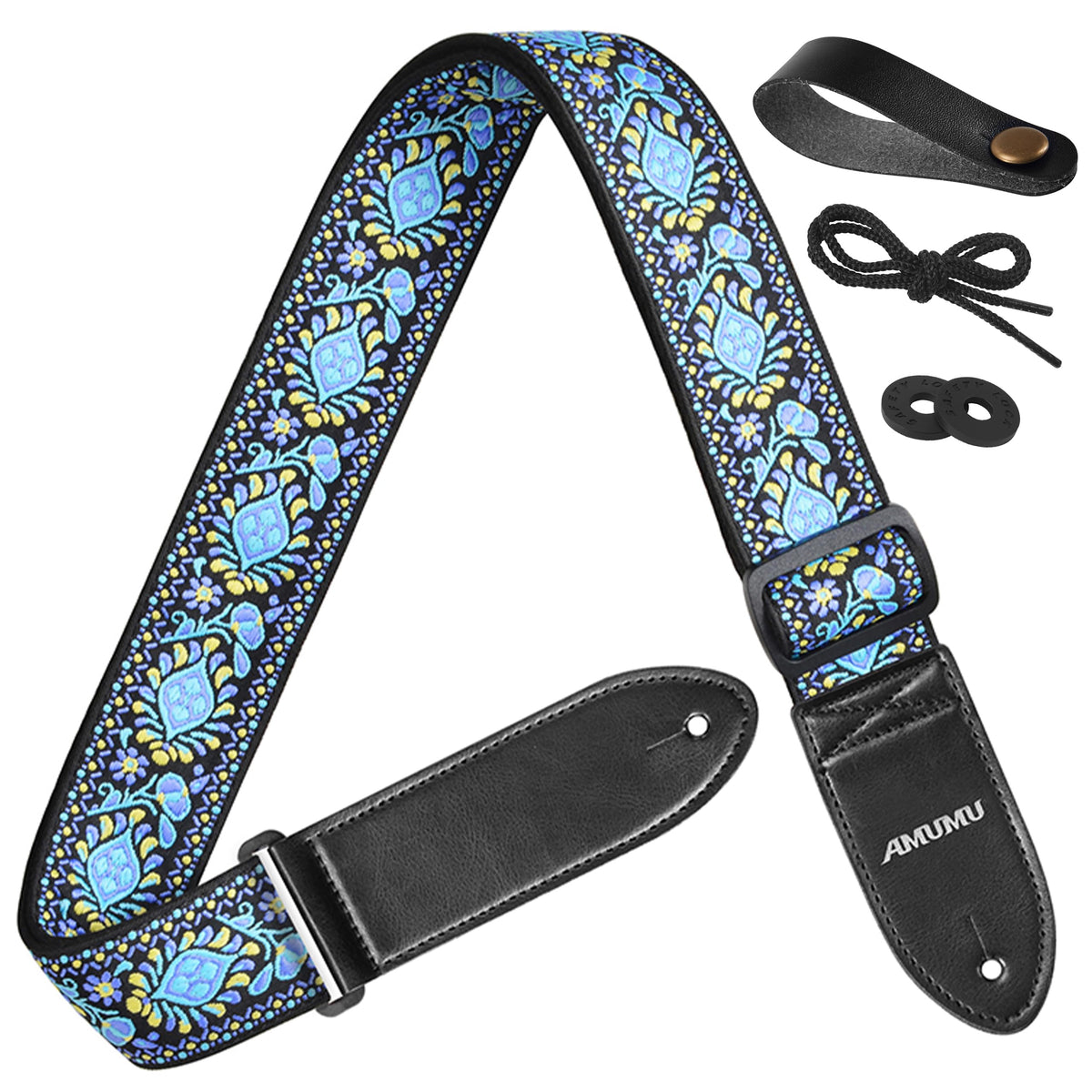 Amumu Hippie Embroidery Guitar Strap Blue Cotton For Acoustic, Electric And Bass Guitars, Ukuleles With Strap Blocks & Headstock