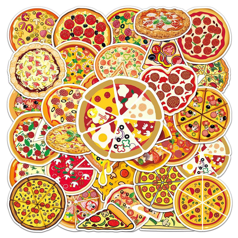 50Pcs Pizza Waterproof Vinyl Stickers Decals For Water Bottles Laptop Luggage Cup Mobile Phone Computer Skateboard Refrigerator 