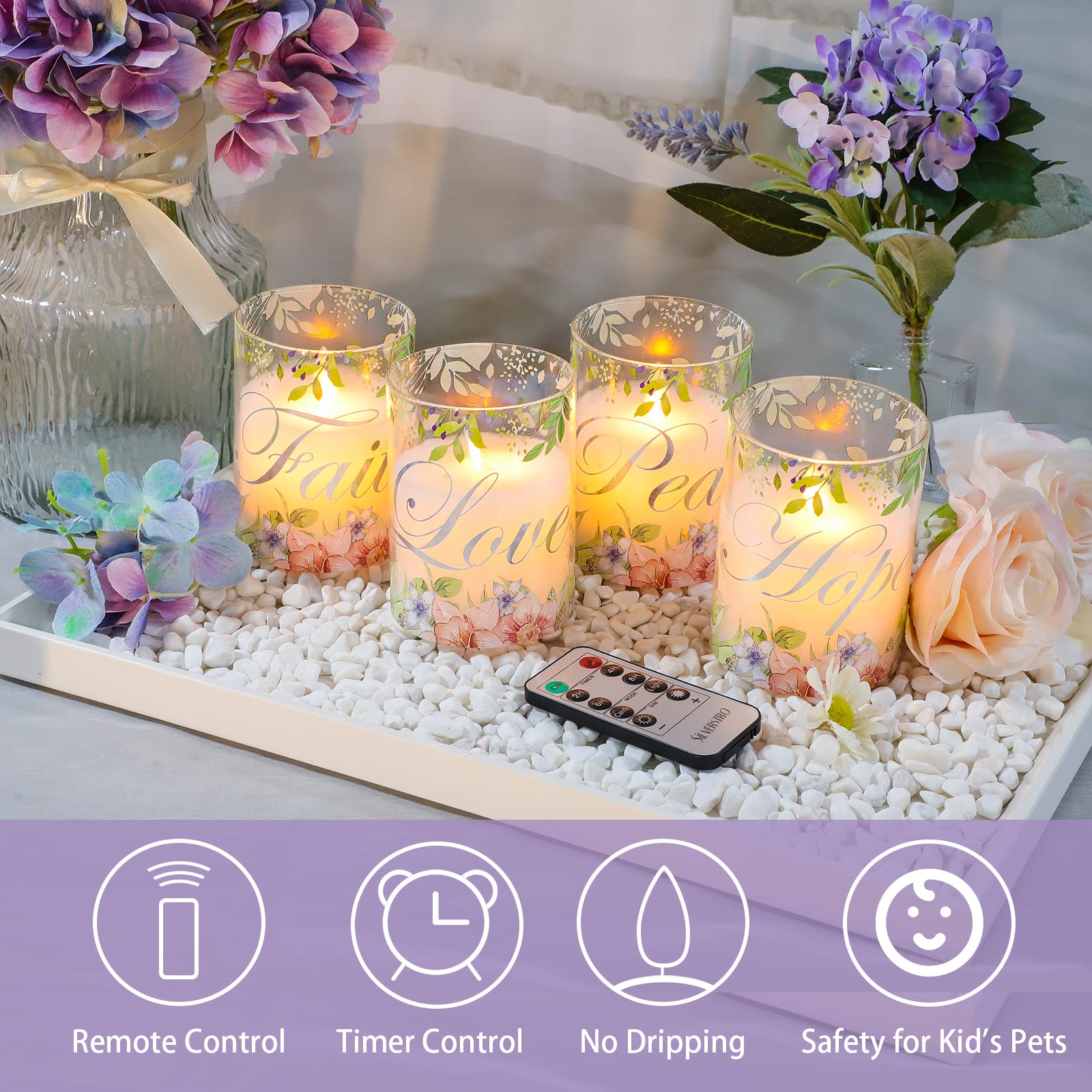 Silverstro Floral Flameless Candles Real Wax Glass Flickering Led Candles With Remote   Home Party Room Botanical Christmas Deco