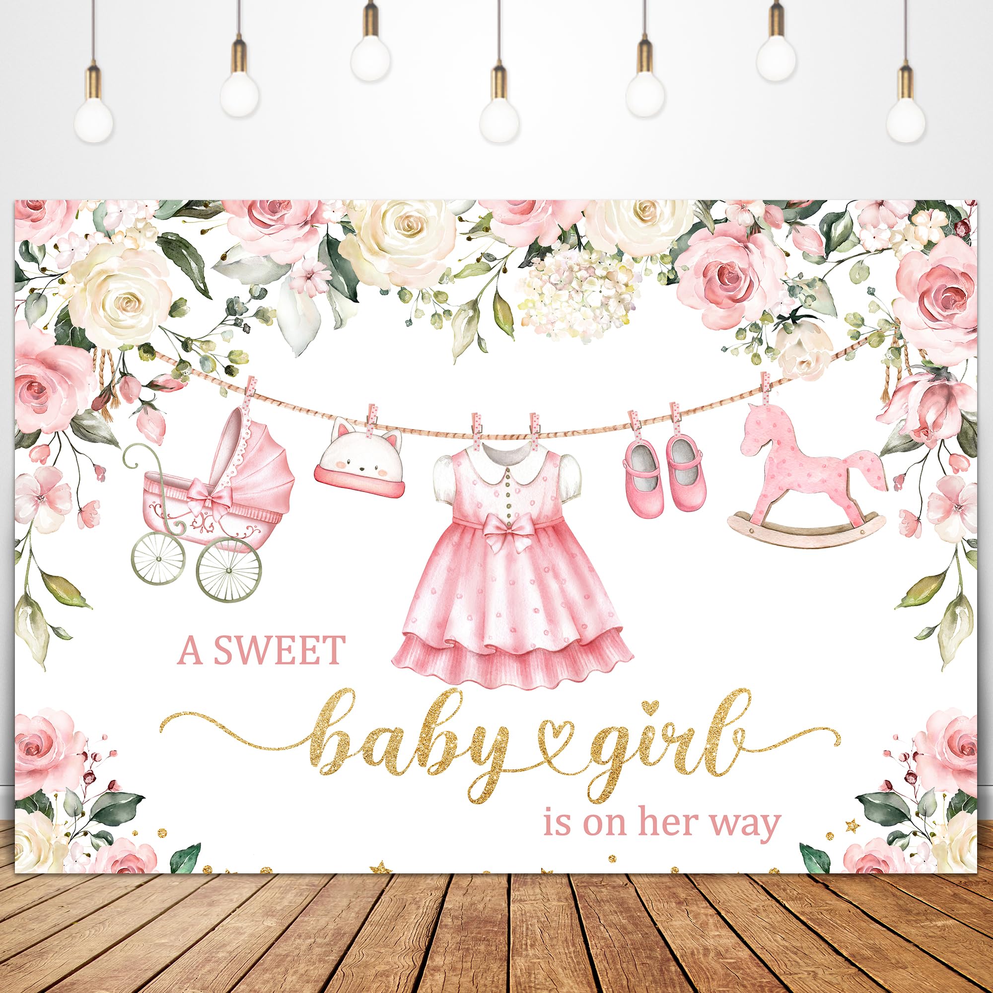 Glawry Baby Girl Backdrop For Baby Shower 7Wx5H Feet It'S A Girl Banner Cute Sweet Cartoon Watercolor Pink Floral Roses Eucalypt