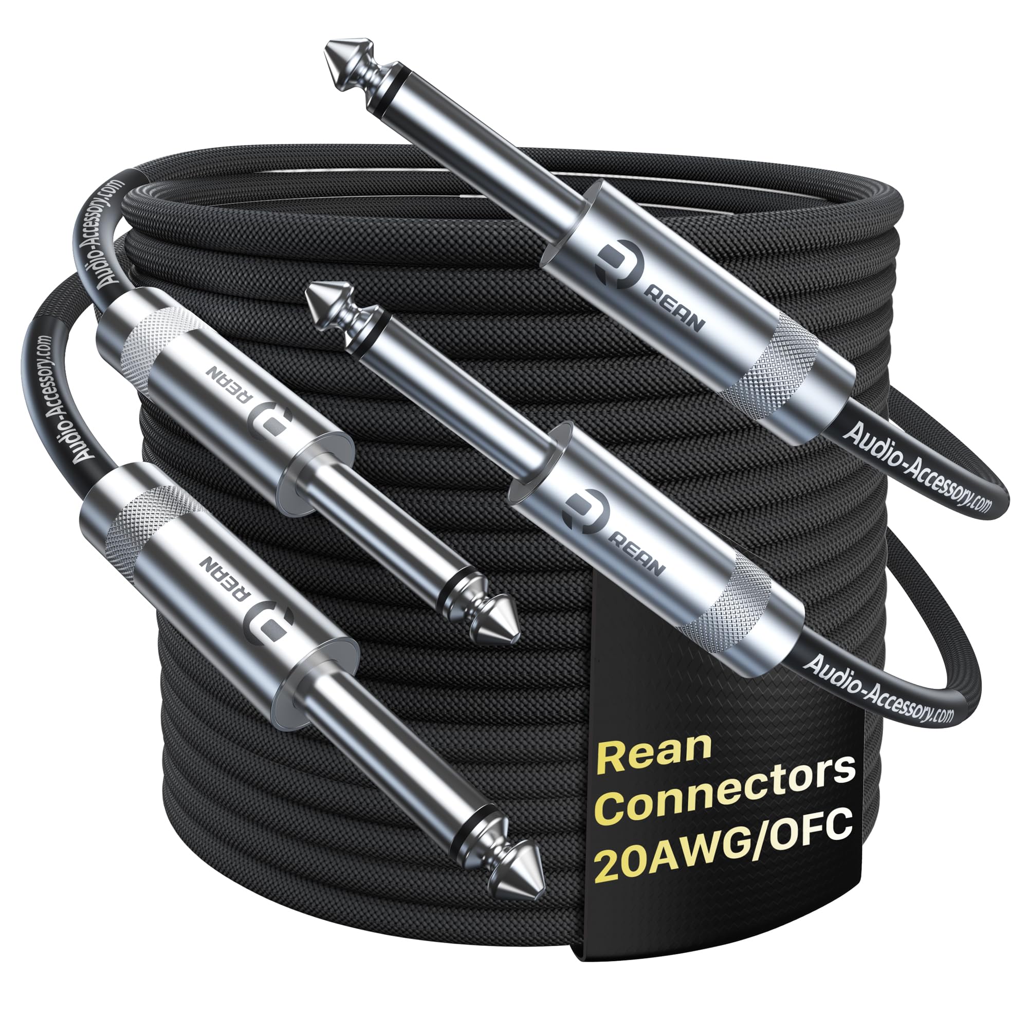Guitar Cable 20 Ft 2 Pack, Professional Rean Connectors From Neutrik, Kevlar Reinforced Nylon Braided Instrument Cable, 1/4 Inch