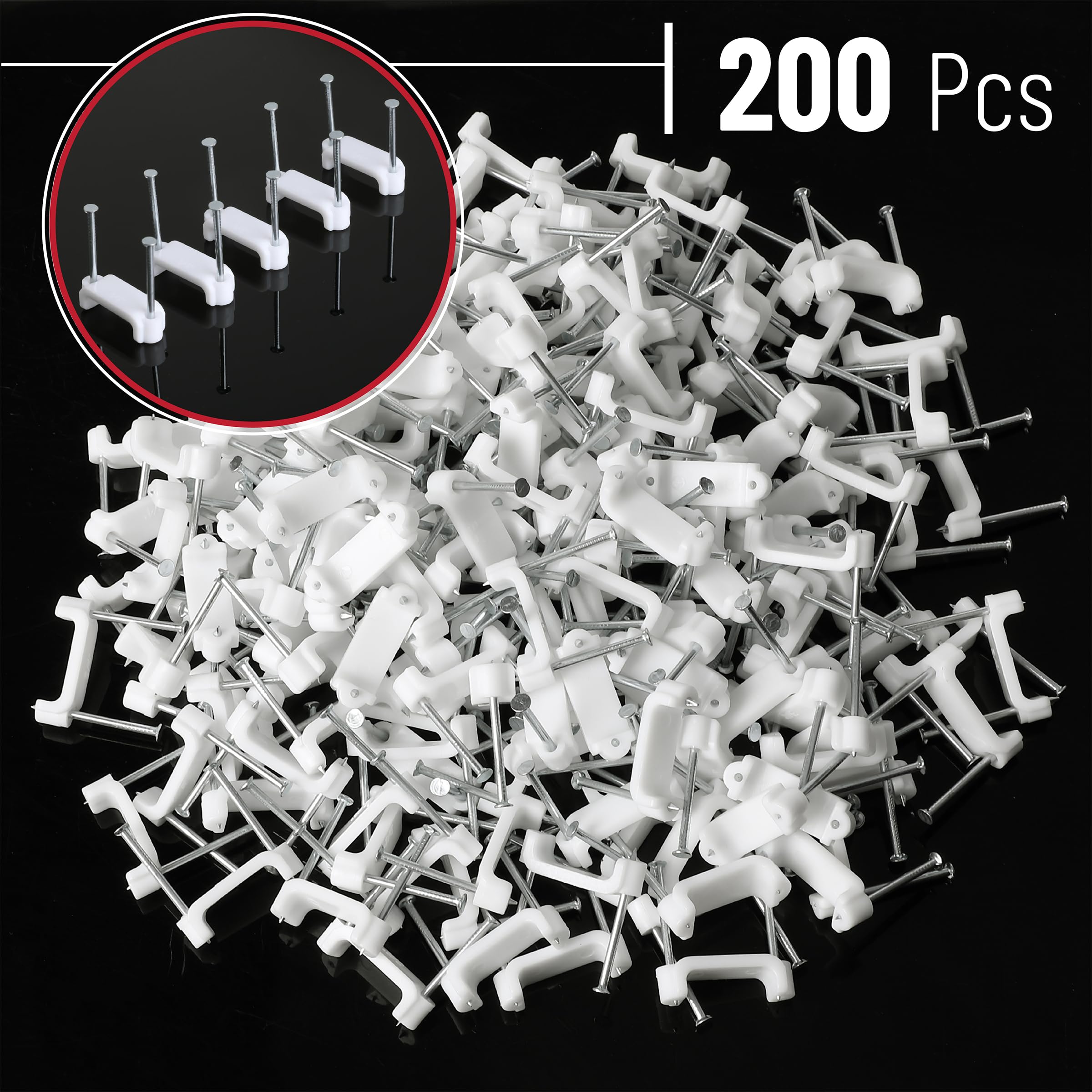 Bates  Cable Clips With Steel Nails, 200 Pcs, White, Large, 2 Nail Cord Clips For Wires On Wall, Cable Wall Clip, Wire Wall Clip