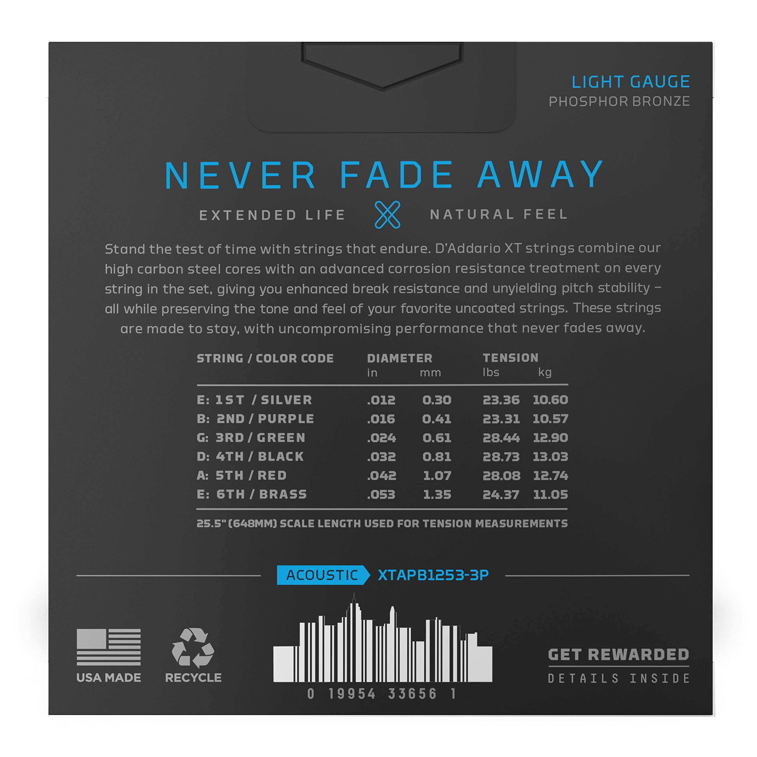 D'Addario Guitar Strings   Xt Phosphor Bronze Coated Acoustic Guitar Strings   Xtapb1253 3P   Extended String Life With Natural