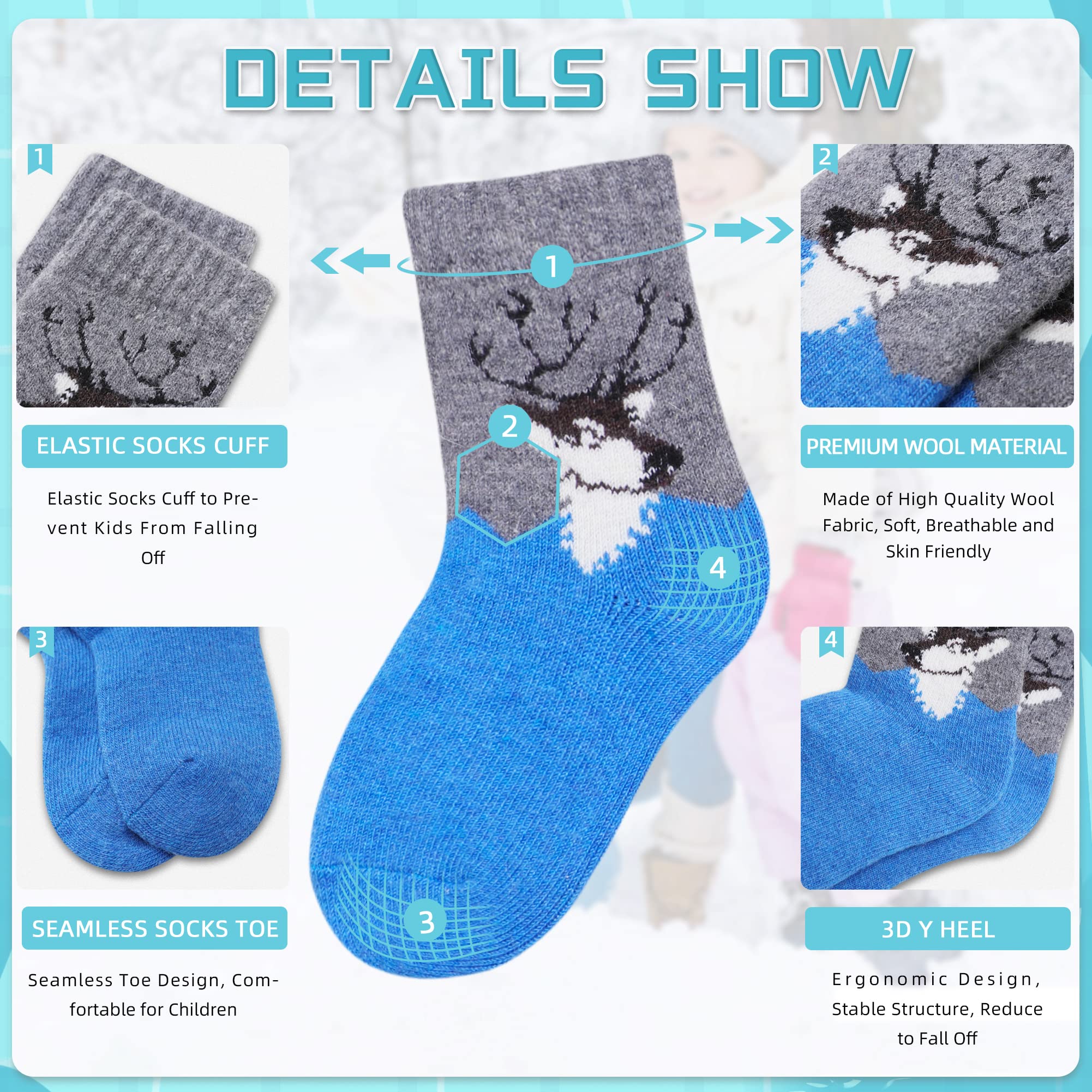 Eocom 6 Pairs Childrens Winter Warm Wool Socks Kids Toddlers Boys Girls Thermal Thick Boot Cozy Crew Socks (4 7 Years, Deer)
