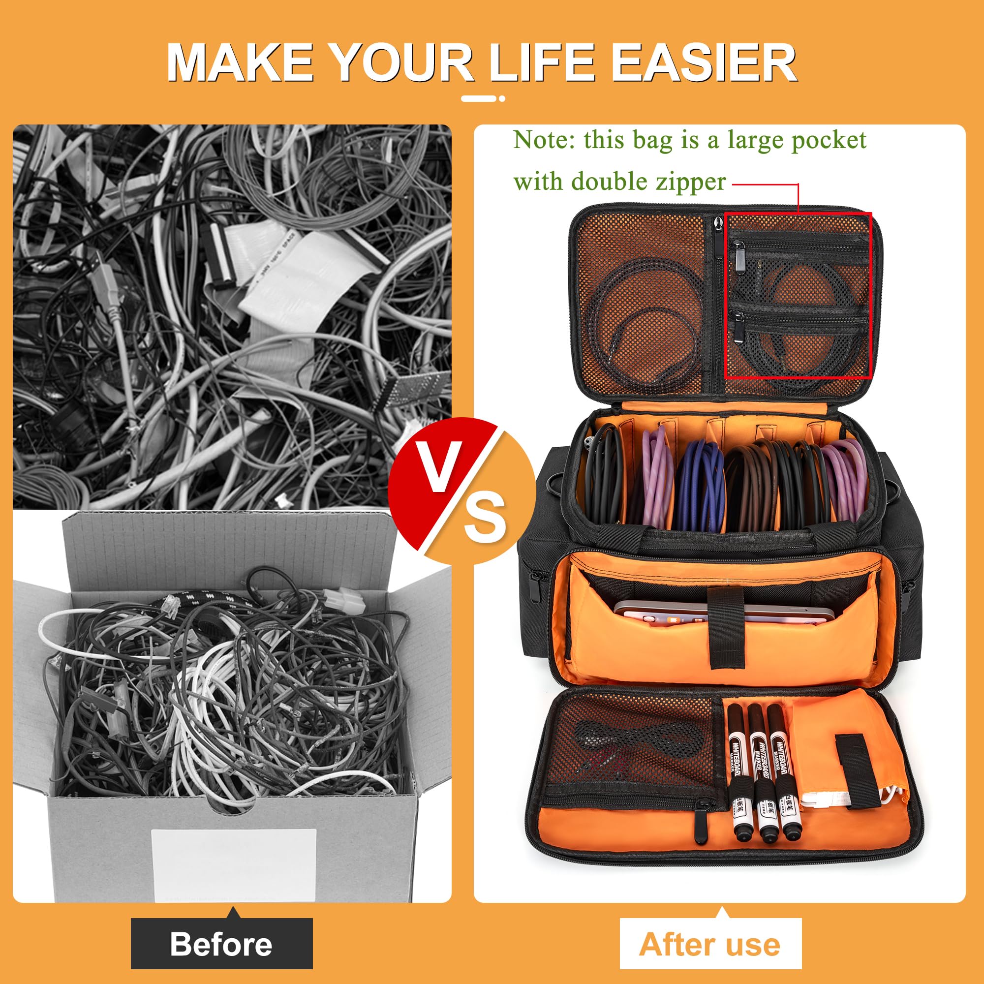 Akozlin Cable File Bag With Detachable Dividers, Dj Gig Bag Cord Organizer Case For Laptop,Dj Gear, Sound Instrument And Music E