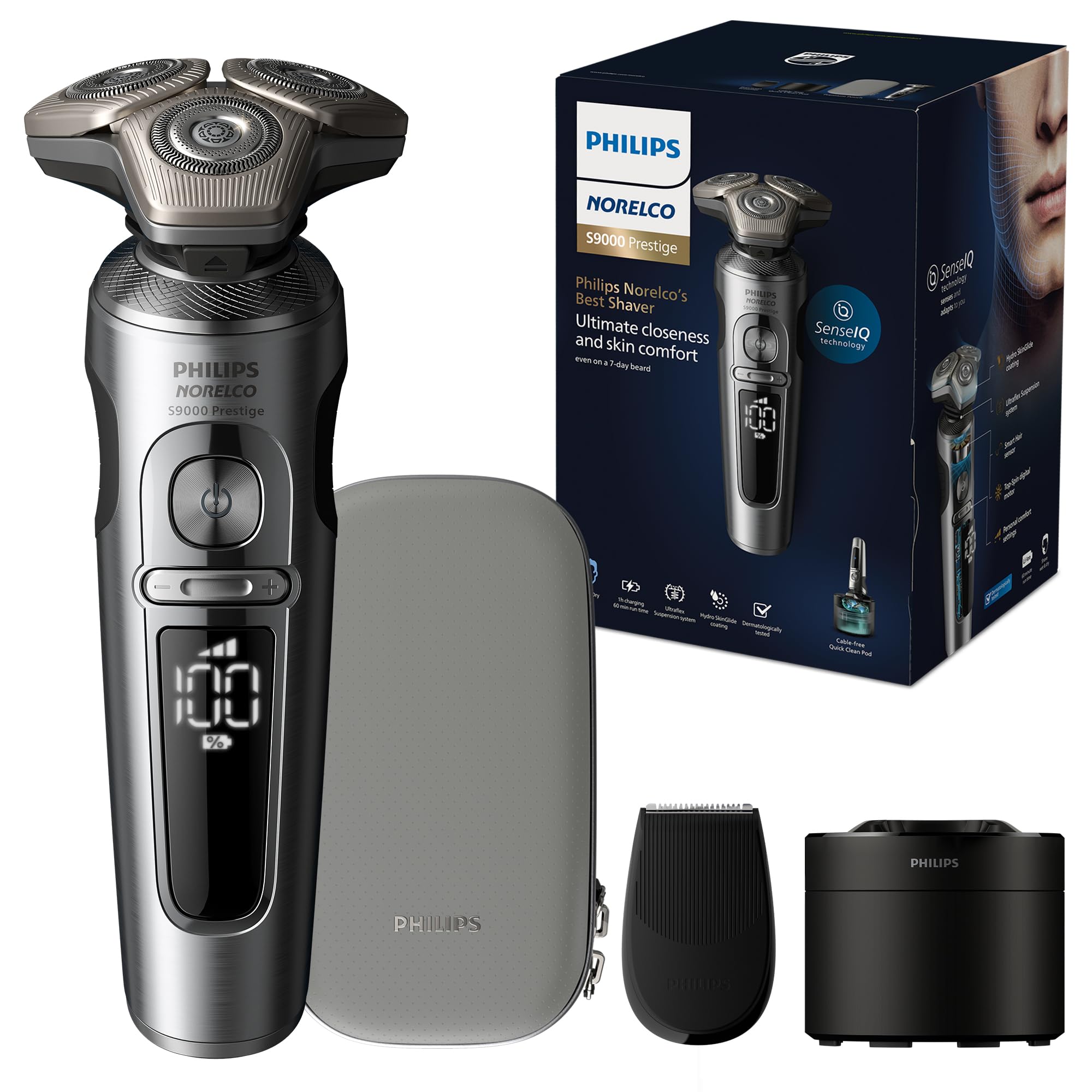Philips Norelco S9000 Prestige Rechargeable Wet & Dry Electric Rotary Shaver With Precision Trimmer, Premium Case & Cleaning Sys