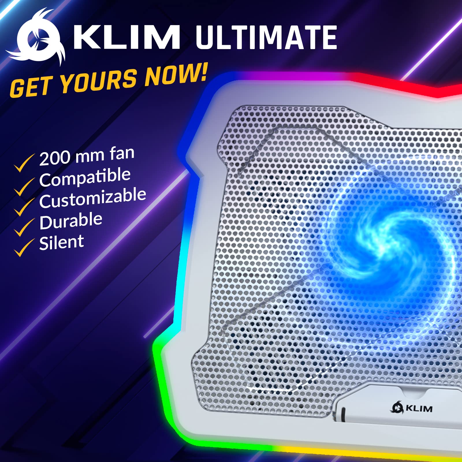 Klim Ultimate + Rgb Laptop Cooling Pad With Led Rim + New 2024 + Gaming Laptop Cooler + Usb Powered Fan + Very Stable And Silent