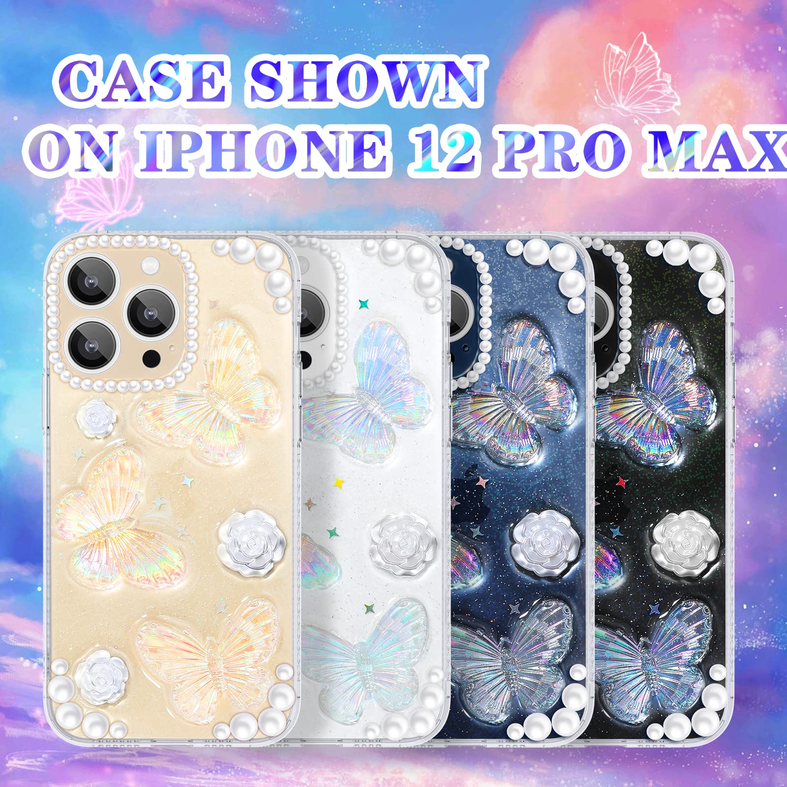 Goocrux (4In1 Case For Apple Iphone 12 Pro Max 3D Butterfly Clear Design Aesthetic Women Teen Girls Glitter Pretty Crystal Spark