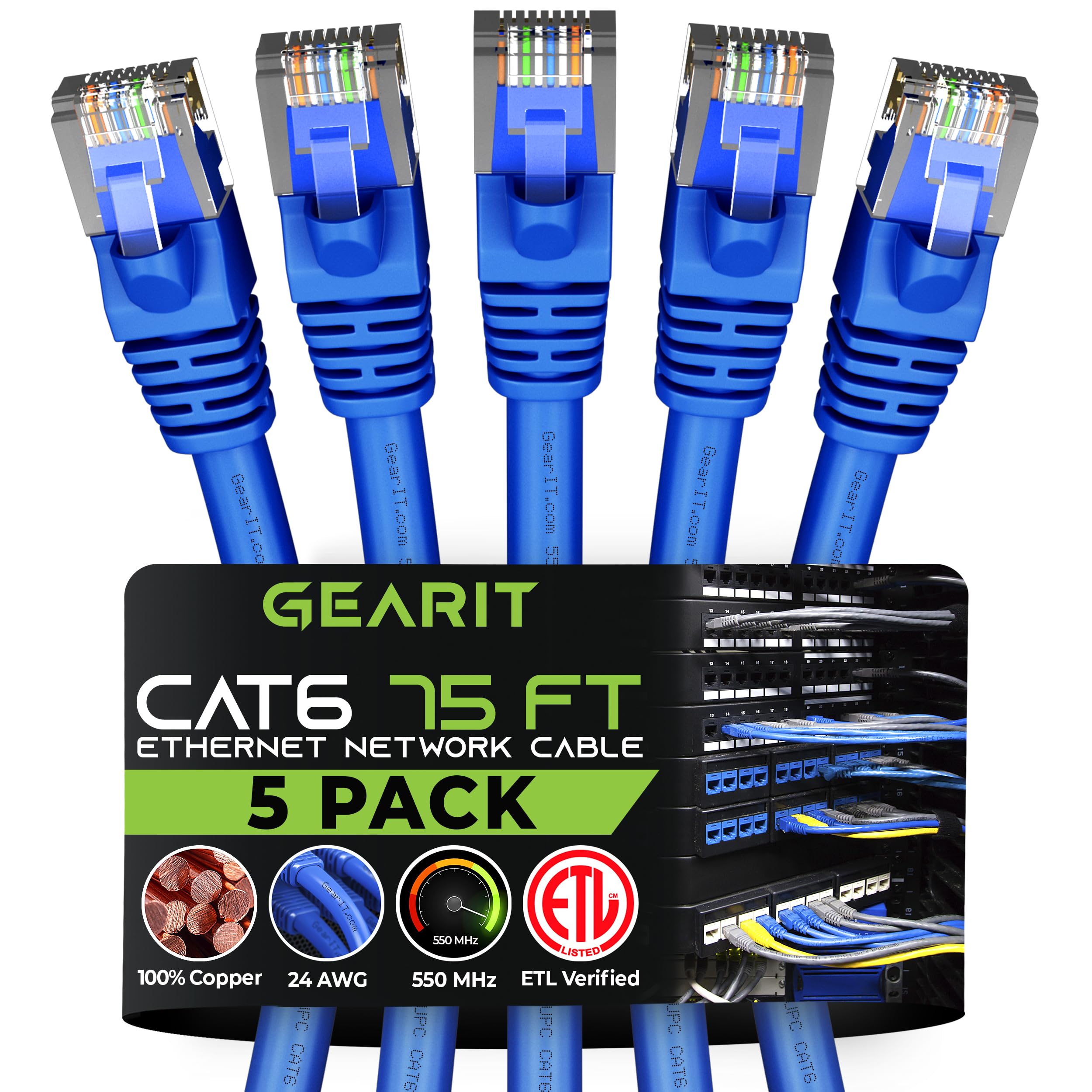 Gearit 5 Pack, Cat 6 Ethernet Cable Cat6 Snagless Patch 75 Feet   Computer Lan Network Cord, Blue   Compatible With 5 Port Switc