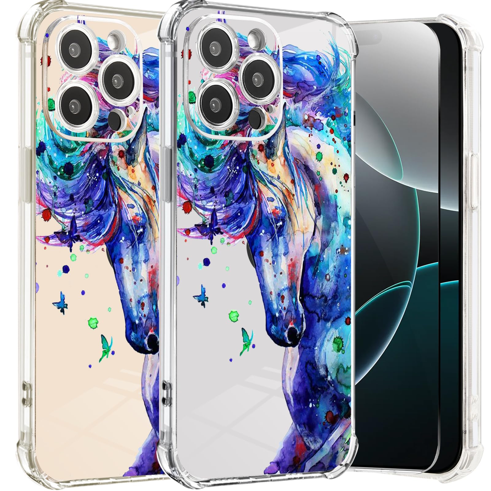 Roemary Purple Case For Iphone 16 With Blue Horse Design,Watercolor Pattern With Screen Protector [Buffertech 6.6 Ft Drop Impact