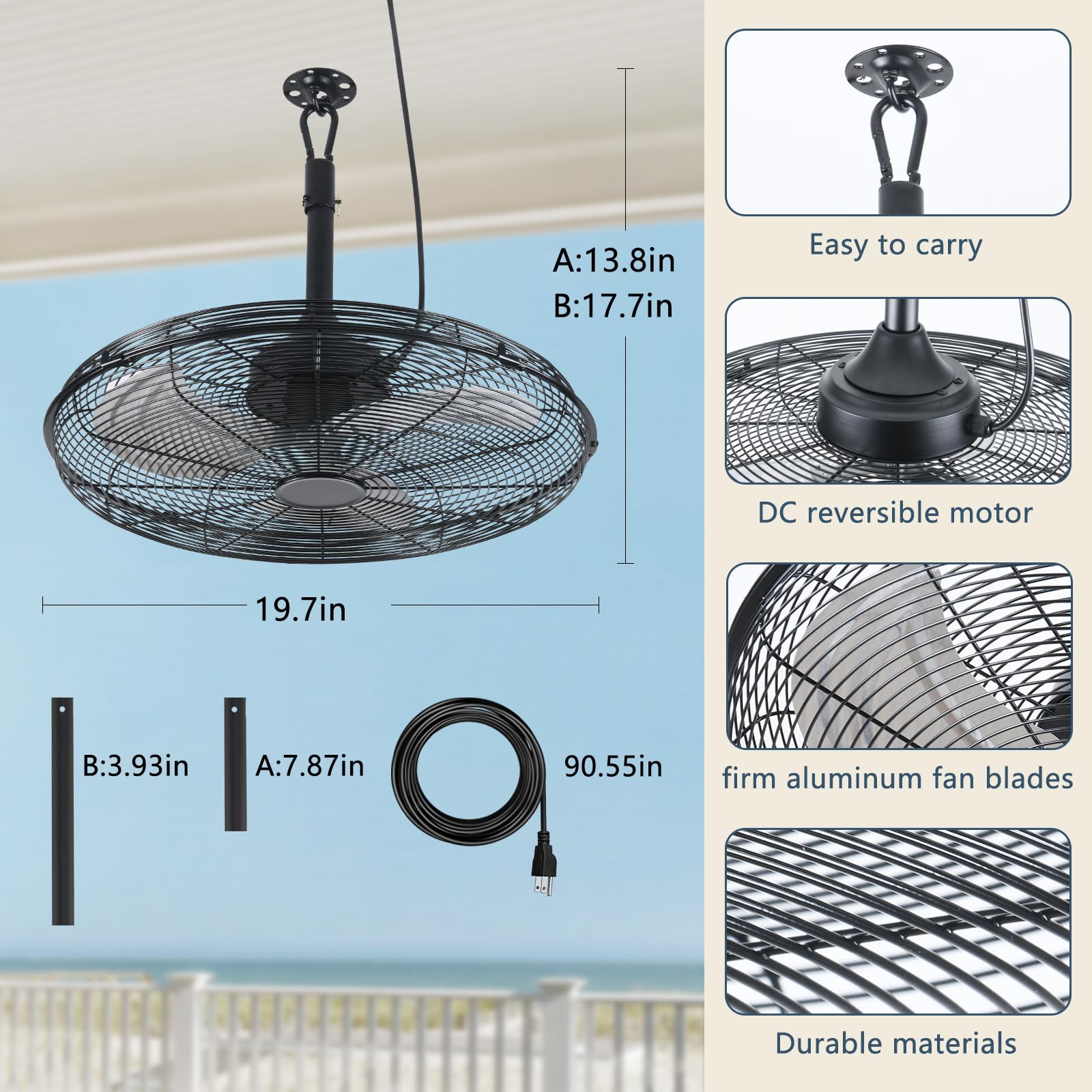 Ahawill Outdoor Ceiling Fan, 20'' Gazebo Fan With Remote,6 Speed, Noiseless, Reversible,Plug In Ceiling Fan With Hook For Pergol