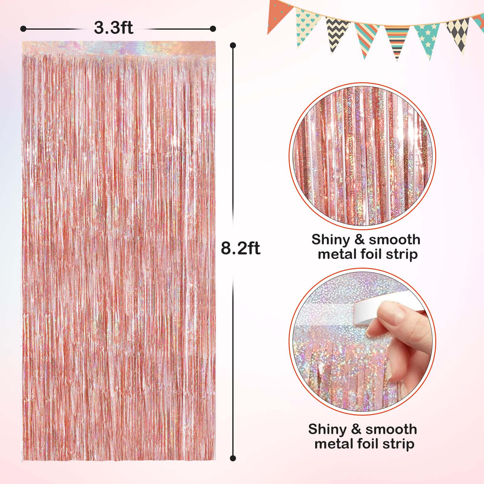 Rose Gold Metallic Tinsel Foil Fringe Curtains, 2 Pack 3.3X8.3 Feet Party Streamer For Birthday Party Decorations, Halloween Dec