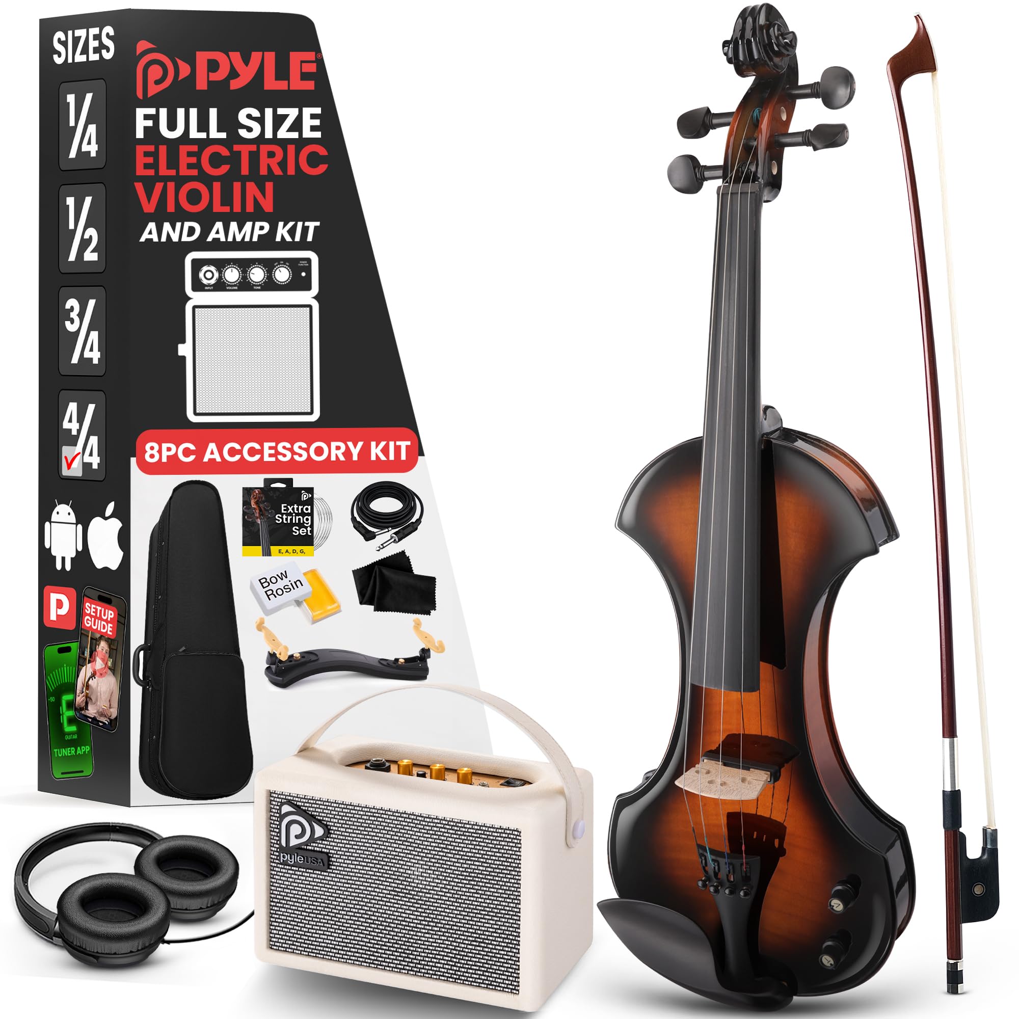 Pyle 4/4 Silent Electric Violin With Amplifier Kit, Solid Wood Fiddle With 10W Amp And Complete Accessories, Full Size Orchestra