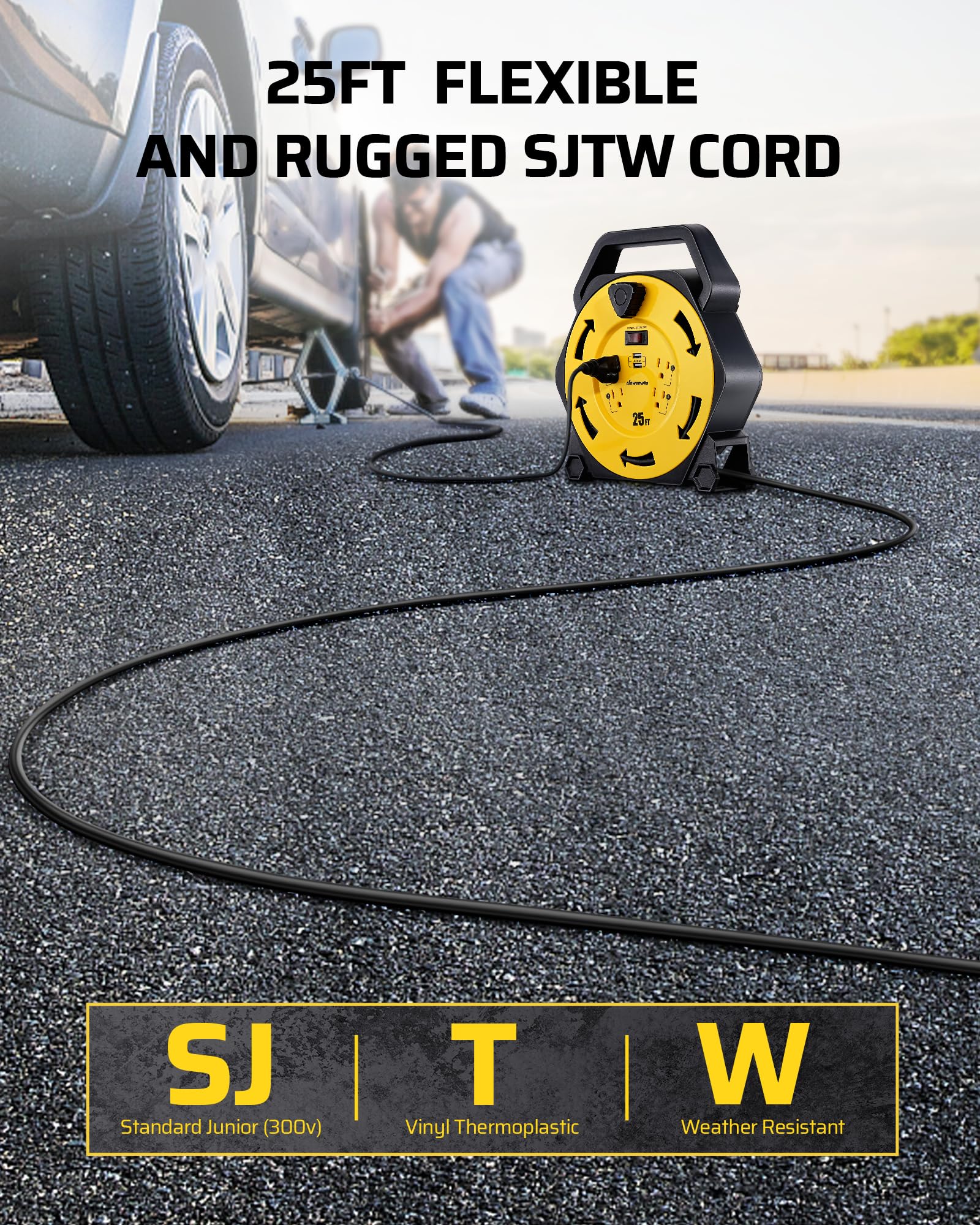 Dewenwils Cord Reel With 4 Power Outlets, 2 Usb Ports(3.4A Fast Charge), 25Ft Retractable Extension Cord Reel, Heavy Duty Sjtw 1