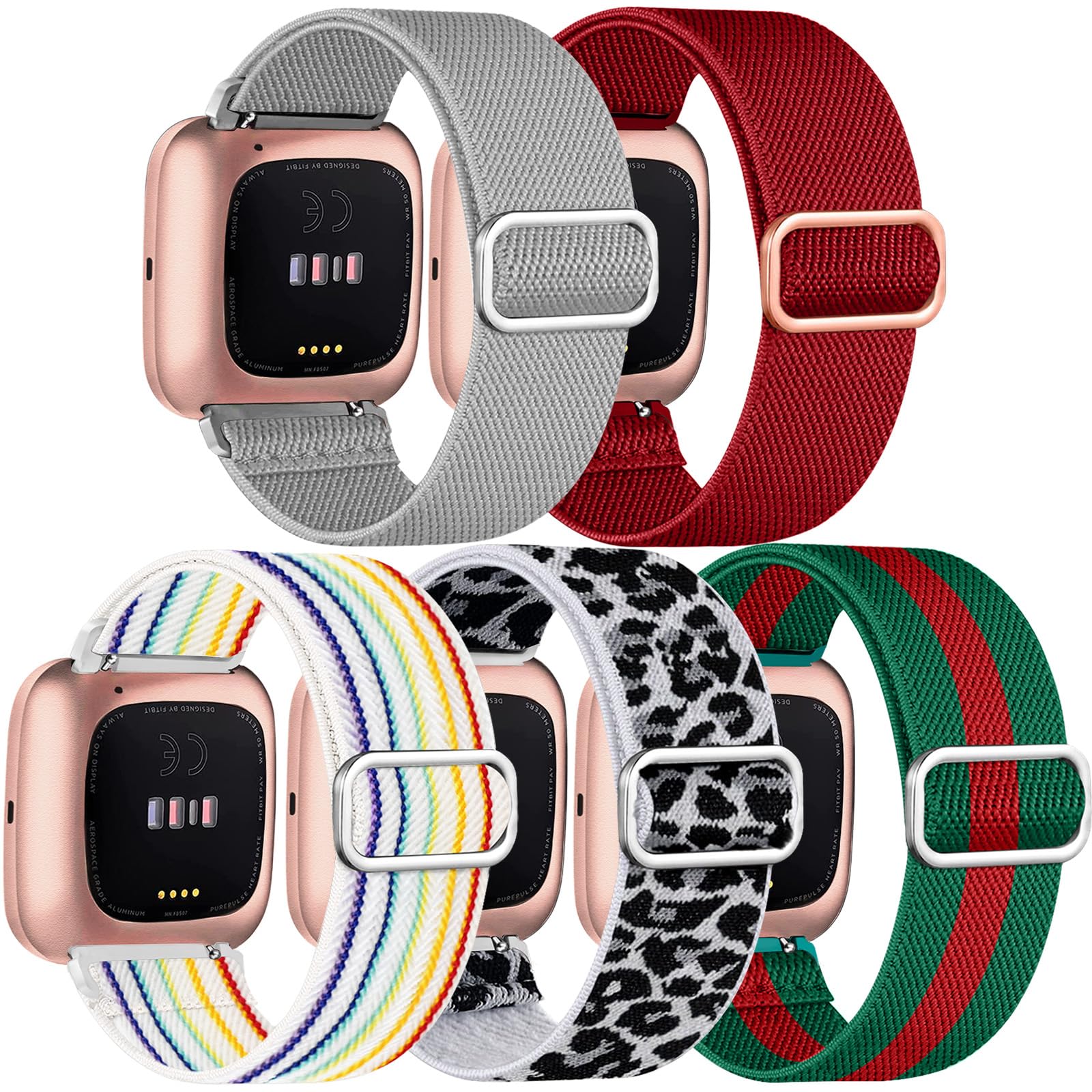 Chinber 5 Pack Bands For Fitbit Versa 2 Bands/Fitbit Versa 2 Bands/Soft Adjustable Sport Band For Fitbit Smart Watch, Red/Leopar