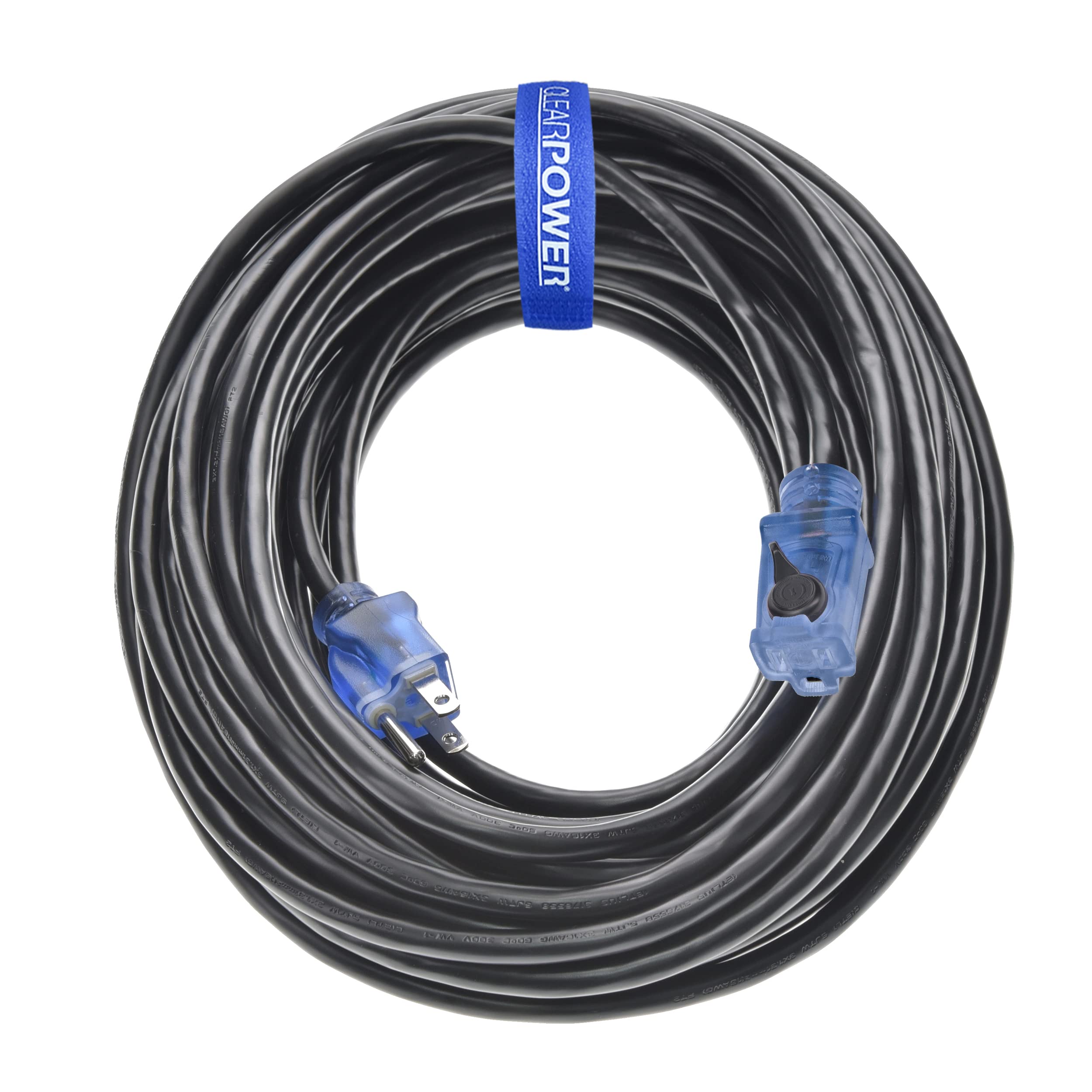 Clear Power 80 Ft Outdoor Extension Cord 16/3 Sjtw With Lighted Locking Connector, Black, Water & Weather Resistant, Flame Retardant, 3 Prong Grounded Plug, Cp10128