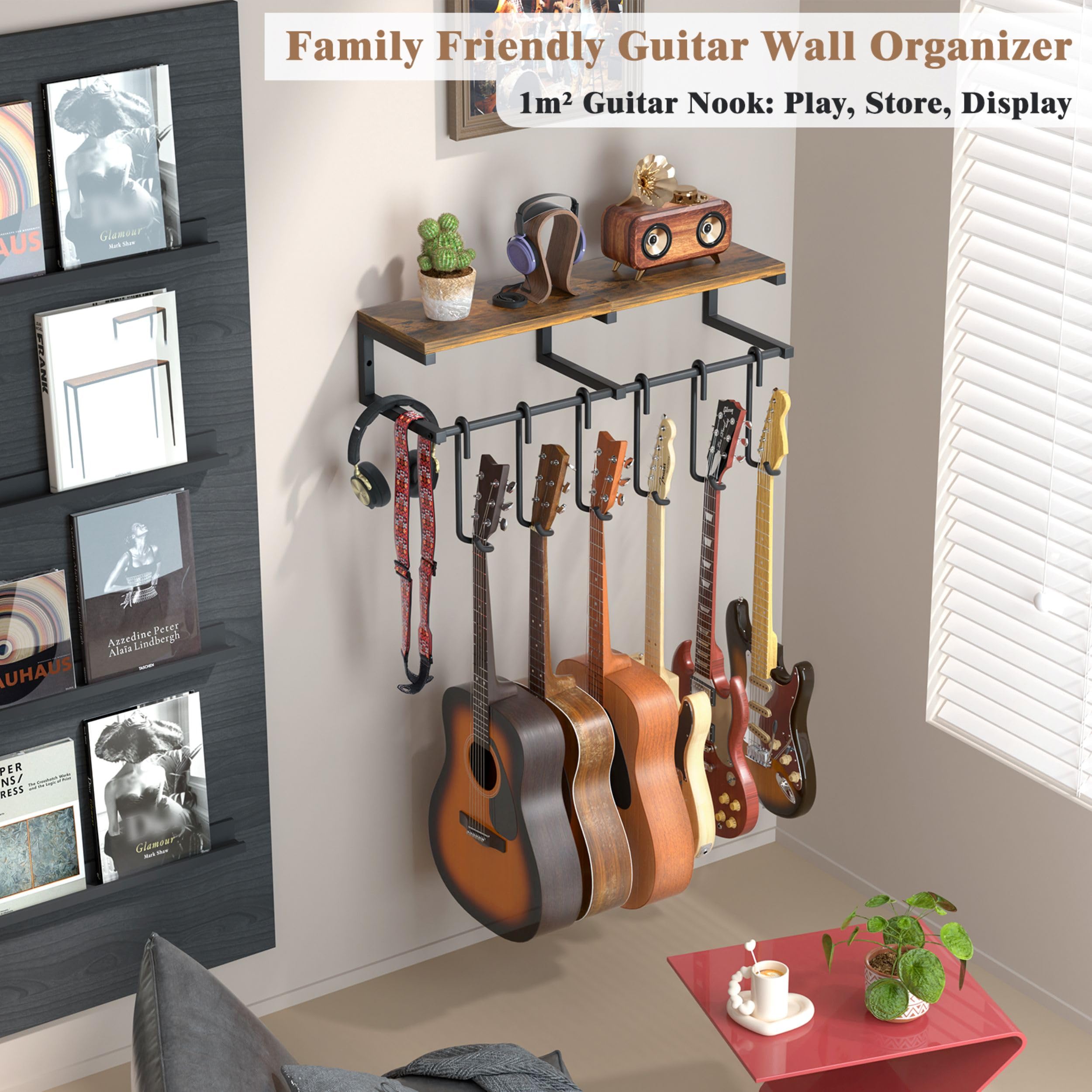 Keebofly Multiple Guitar Wall Mount Hangers With 6-Detachable Hooks & Rustic Shelf - Universal Fit For Acoustic, Electric, Bass