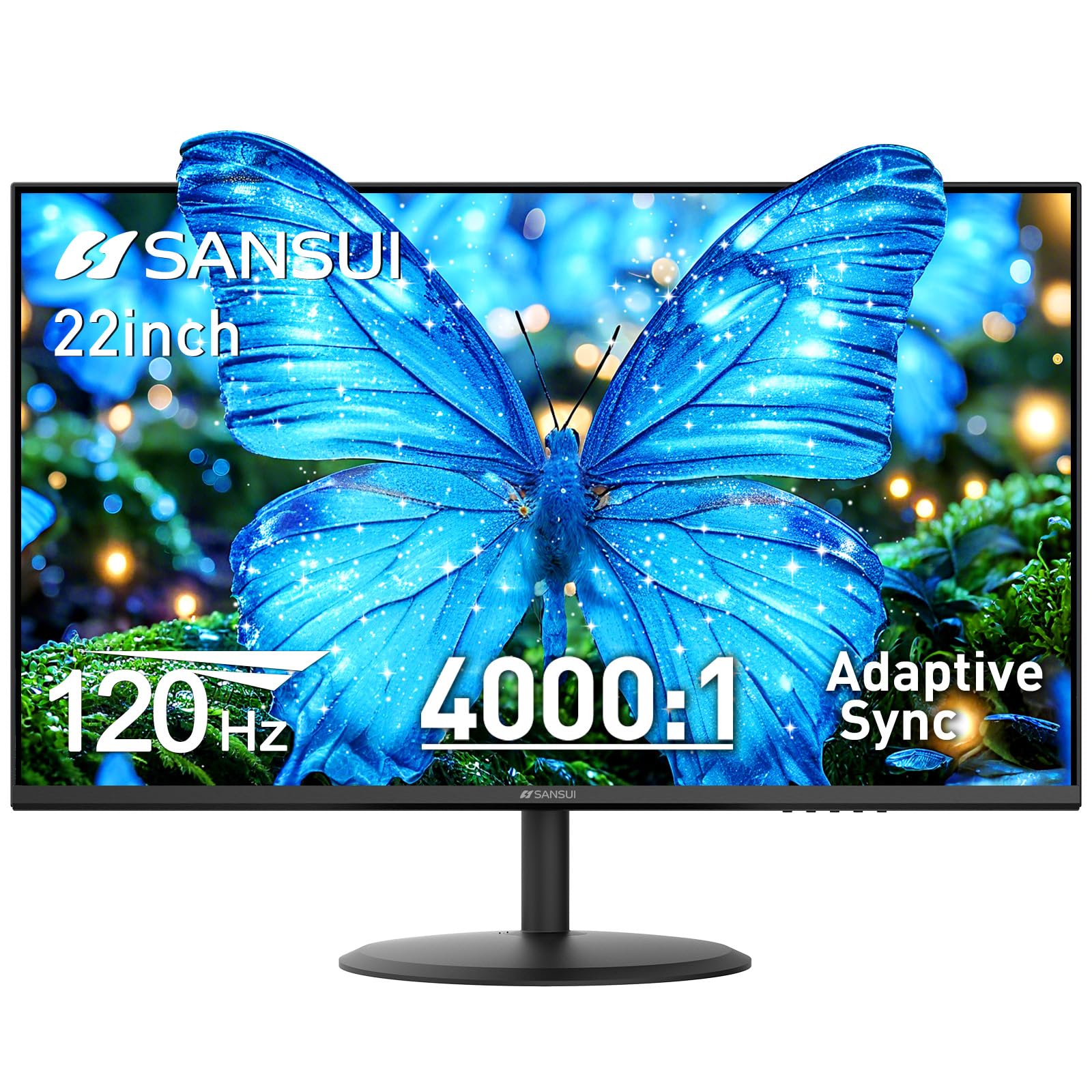 SANSUI 22 Inch 120Hz Monitor, FHD Computer Monitor 4000:1 Contrast Ratio with Adaptive Sync, HDR 100% sRGB, HDMI x 2, VESA Mount
