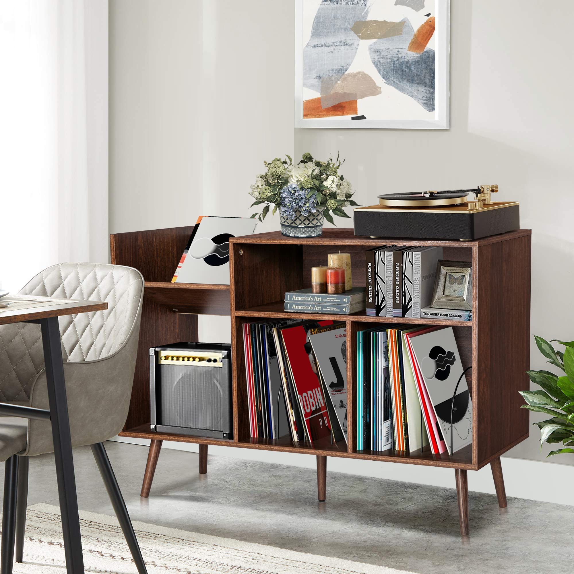 Qhitty Record Player Stand, Mid Century Modern Vinyl Record Storage Cabinet Table With Wood Legs, Turntable Stand Record Holder
