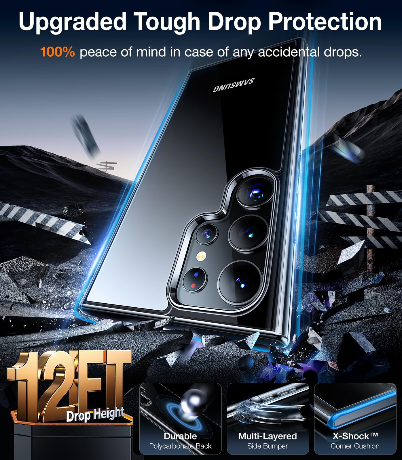 Torras Diamond Clear Designed For Samsung Galaxy S24 Ultra Case, 12Ft Military Grade Drop Tested, Never Yellowing, Hard Back Sof