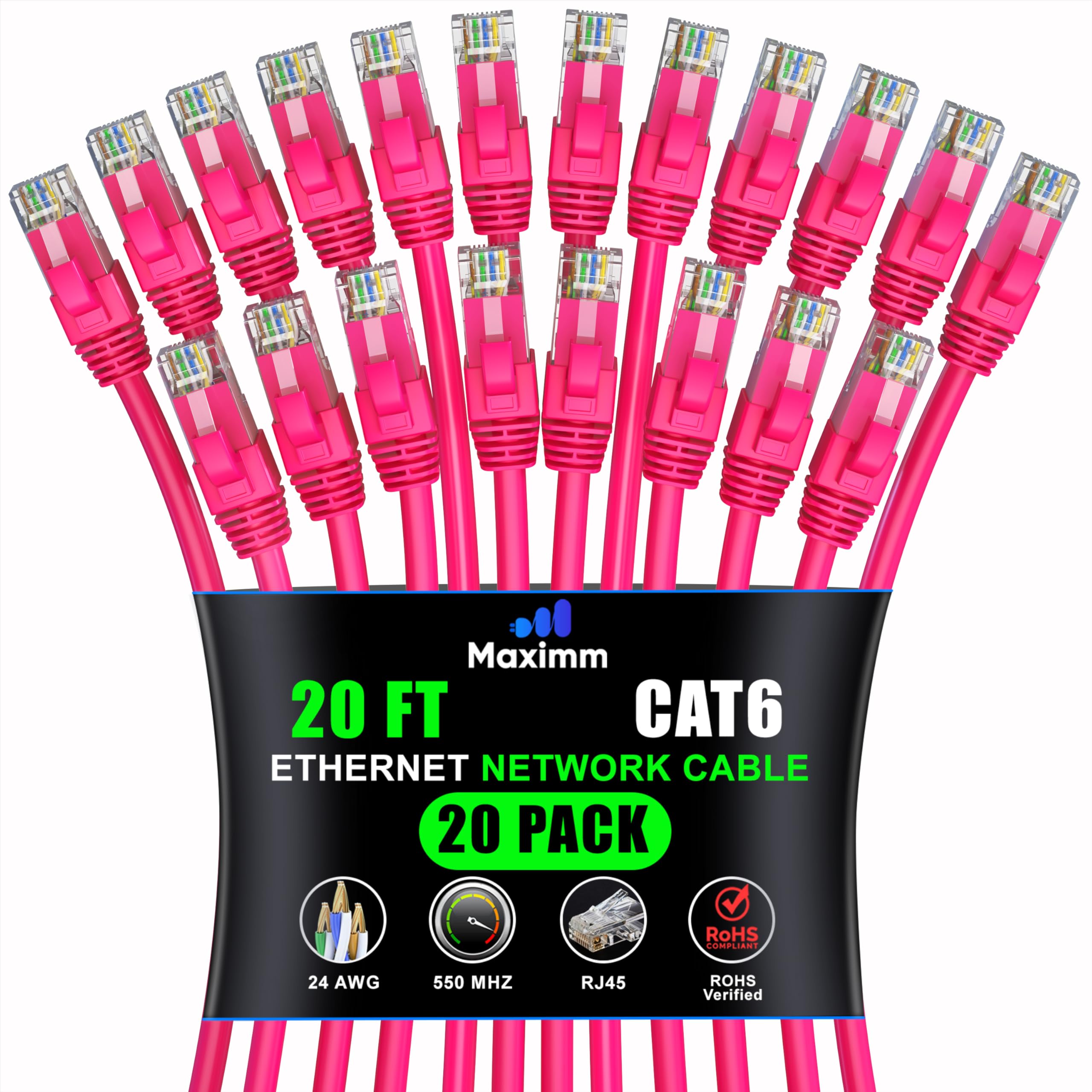 Maximm Cat 6 Ethernet Cable 20 Ft (20 Pack)   High Speed Lan Cable, Internet Cable, Patch Cable, And Network Cable   Utp, 10Gbps, 550Mhz Ethernet Cord   Pink