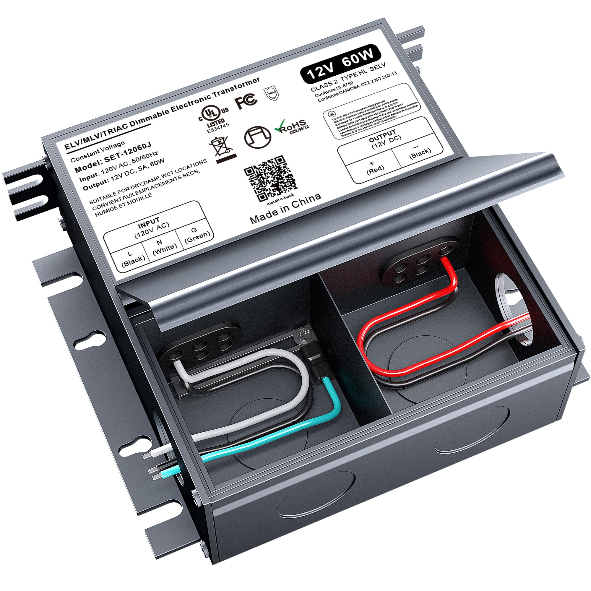 60W Dimmable Led Driver 12V With Junction Box,Triac Elv/Mlv Led Transformer Compatible With Lutron&Leviton Switches,Dimmable Led