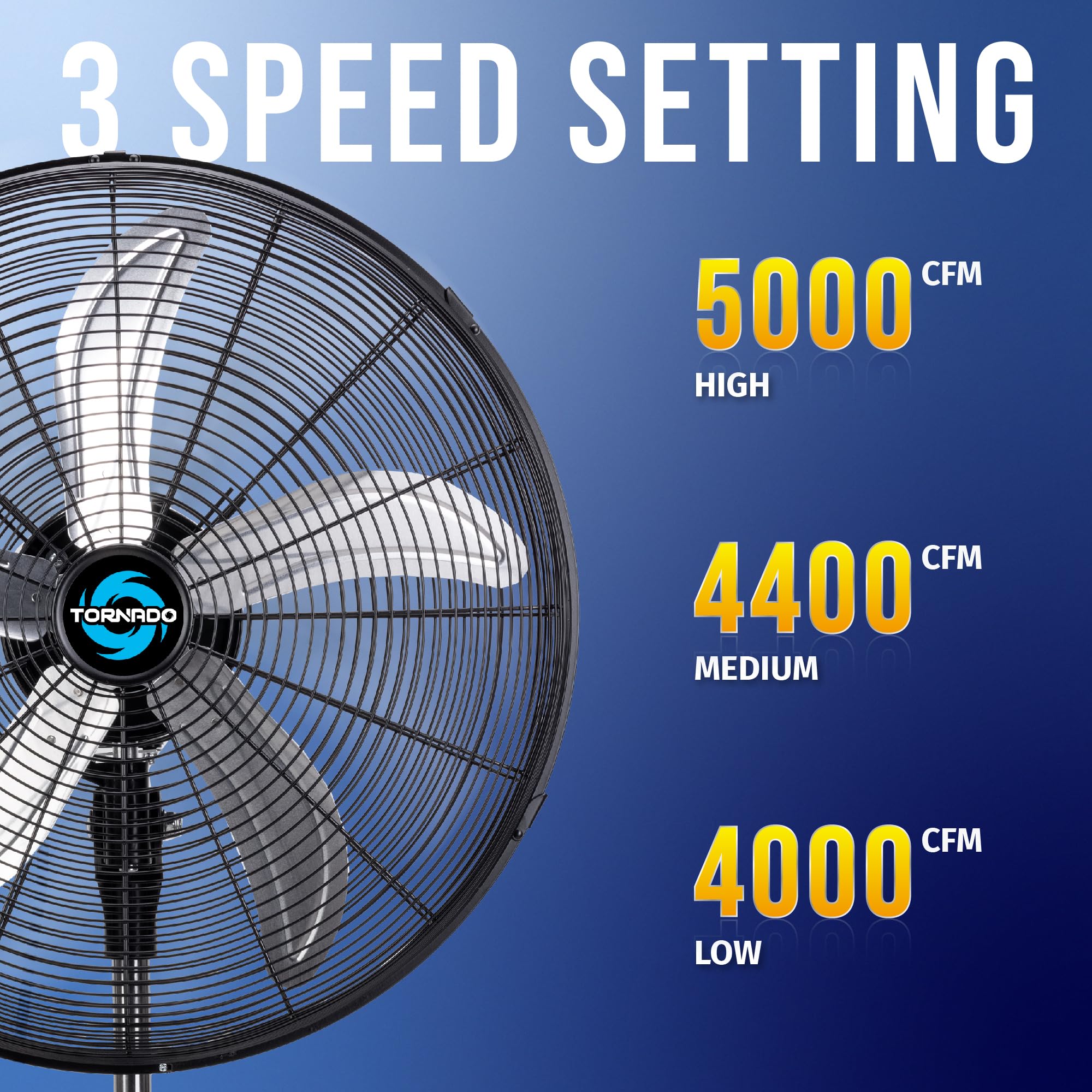 Tornado   20 Inch High Velocity Metal Oscillating Pedestal Fan   Commercial, Industrial Use   3 Speed   5000 Cfm   1/6 Hp   6.6