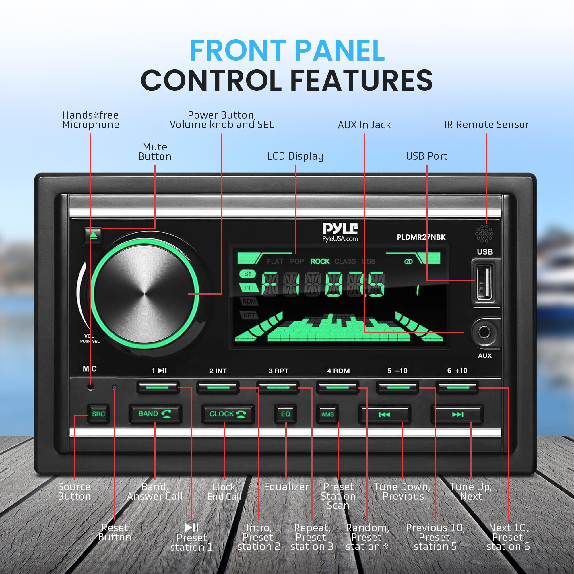 Pyle Double Din Marine Bluetooth Receiver Stereo - Am/Fm/Mp3/Usb/Aux 12V Power Amplifier With 30 Preset Memory Stations, Lcd Dis