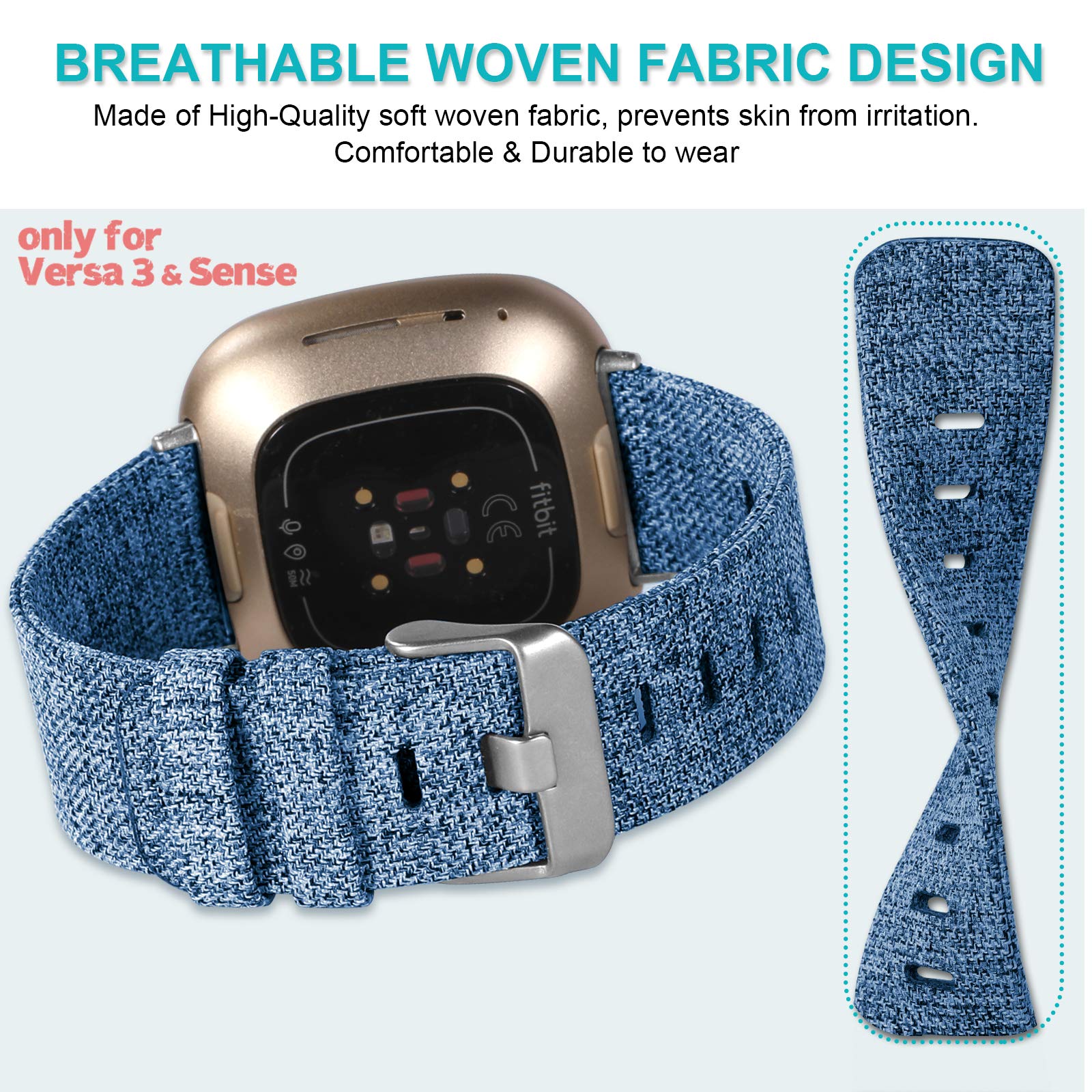 Maledan Bands Compatible With Fitbit Versa 3 & Sense For Women & Men, Breathable Woven Fabric Adjustable Stylish Strap For Versa