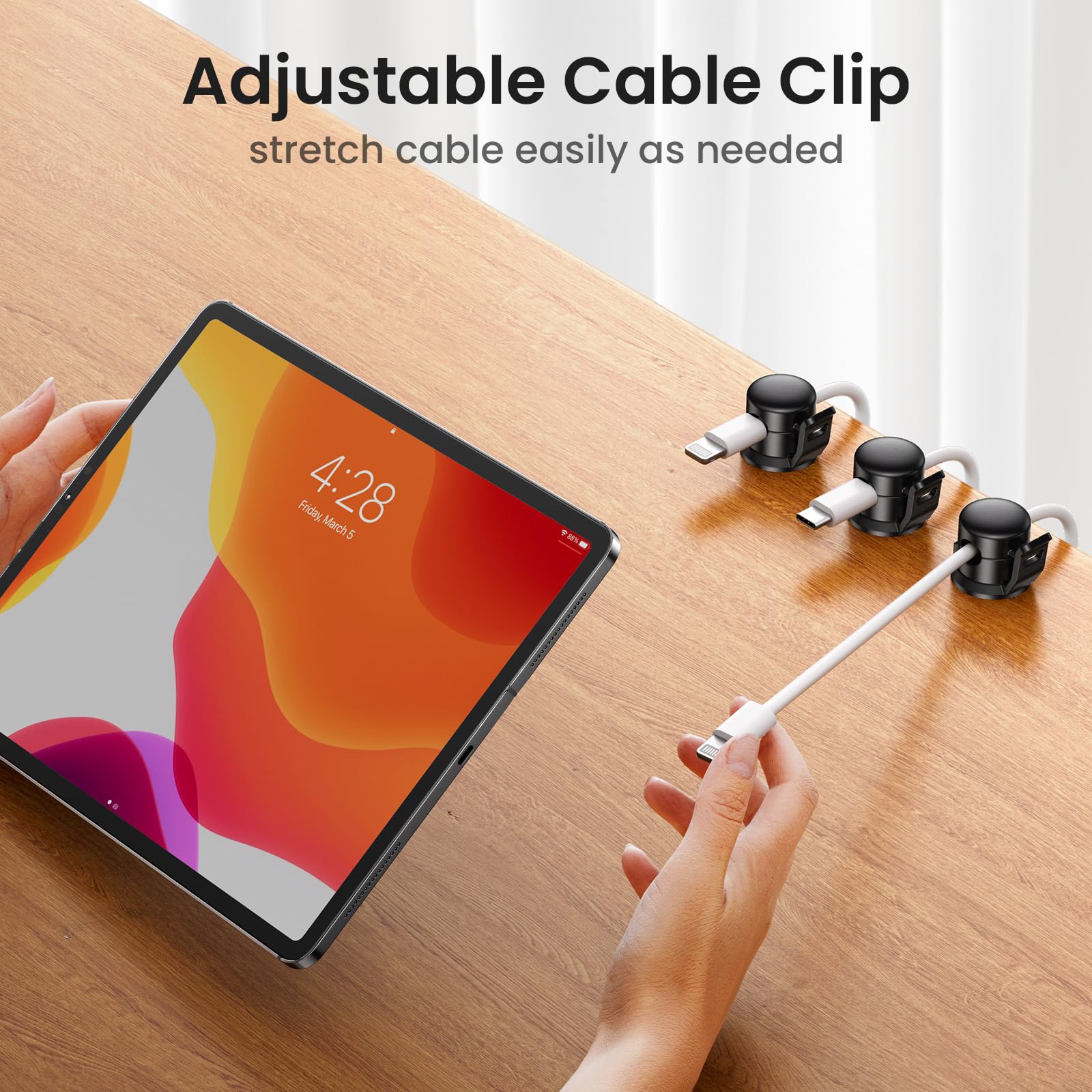 LOTUNY Cable Clips 8 Pack Adhesive Cord Organizer Smooth Adjustable Plastic Black