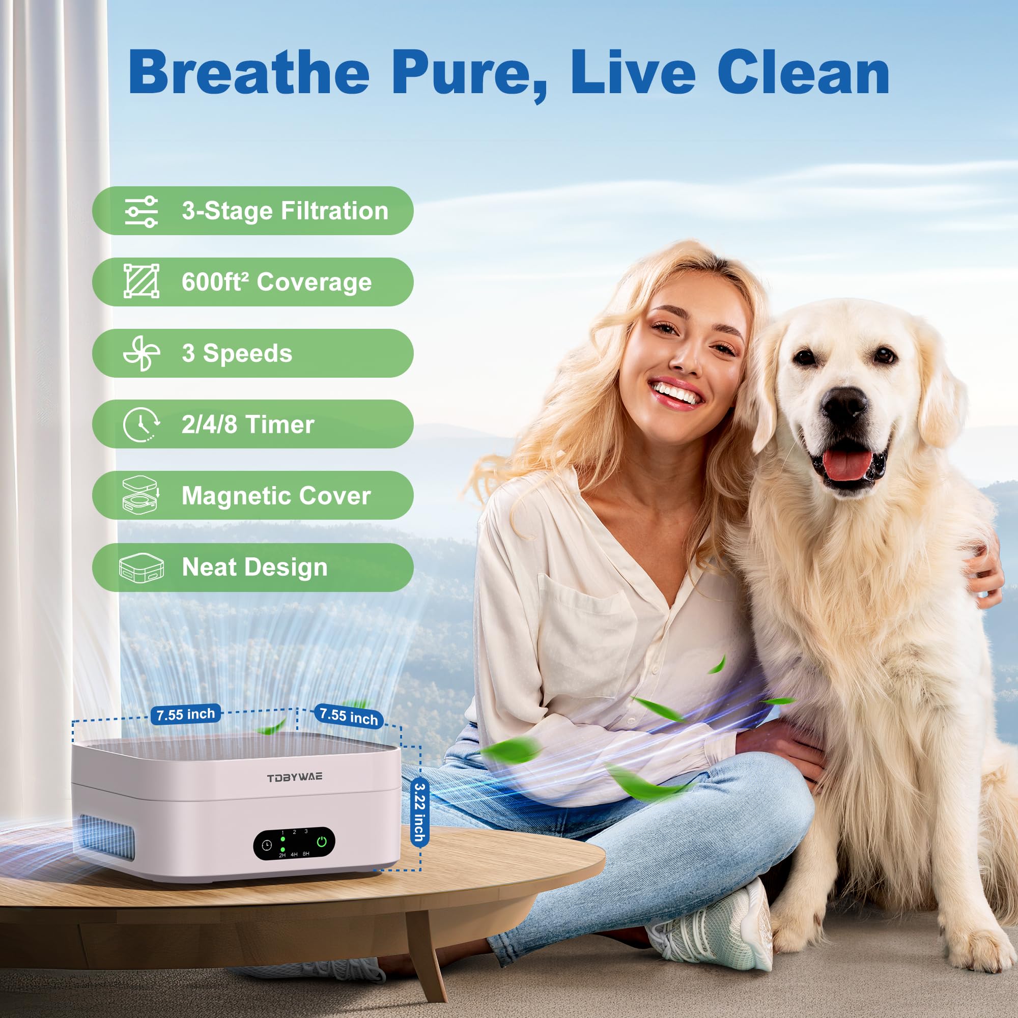 Air Purifiers For Home, Tdbywae Air Purifier For Bedroom Up To 600 Ft, H13 True Hepa Air Purifier For Pets Dust Dander Pollen Od