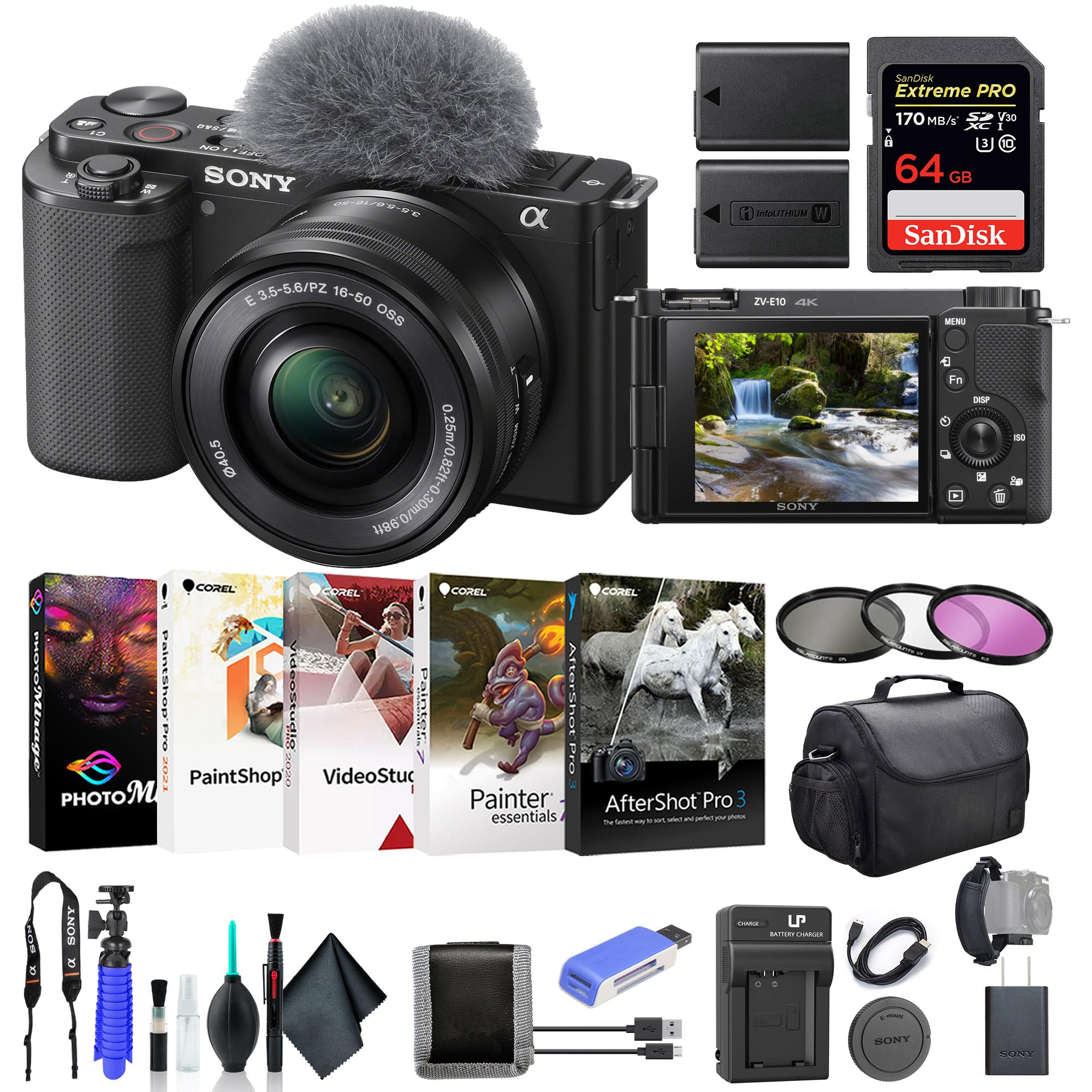 Sony ZV-E10 Mirrorless Camera with 16-50mm Lens Black ILCZV-E10L/B, 64GB Memory Card, Filter Kit, Corel Photo Software, Bag, NPF