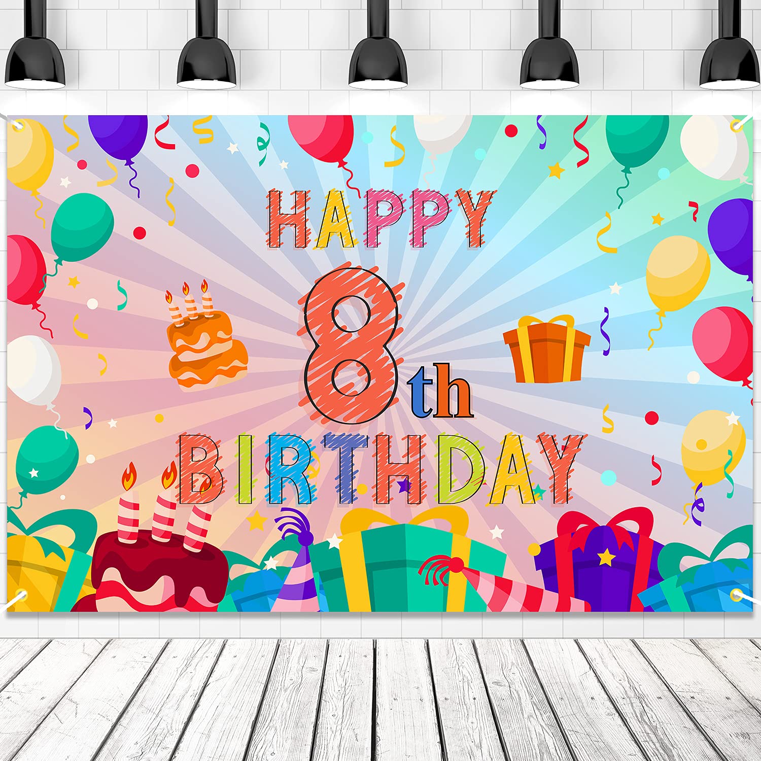Happy 8th Birthday Colorful Banner Backdrop Rainbow Color Art 8 Years Old Party Background Decorations for Girls Boys Kids Bday 