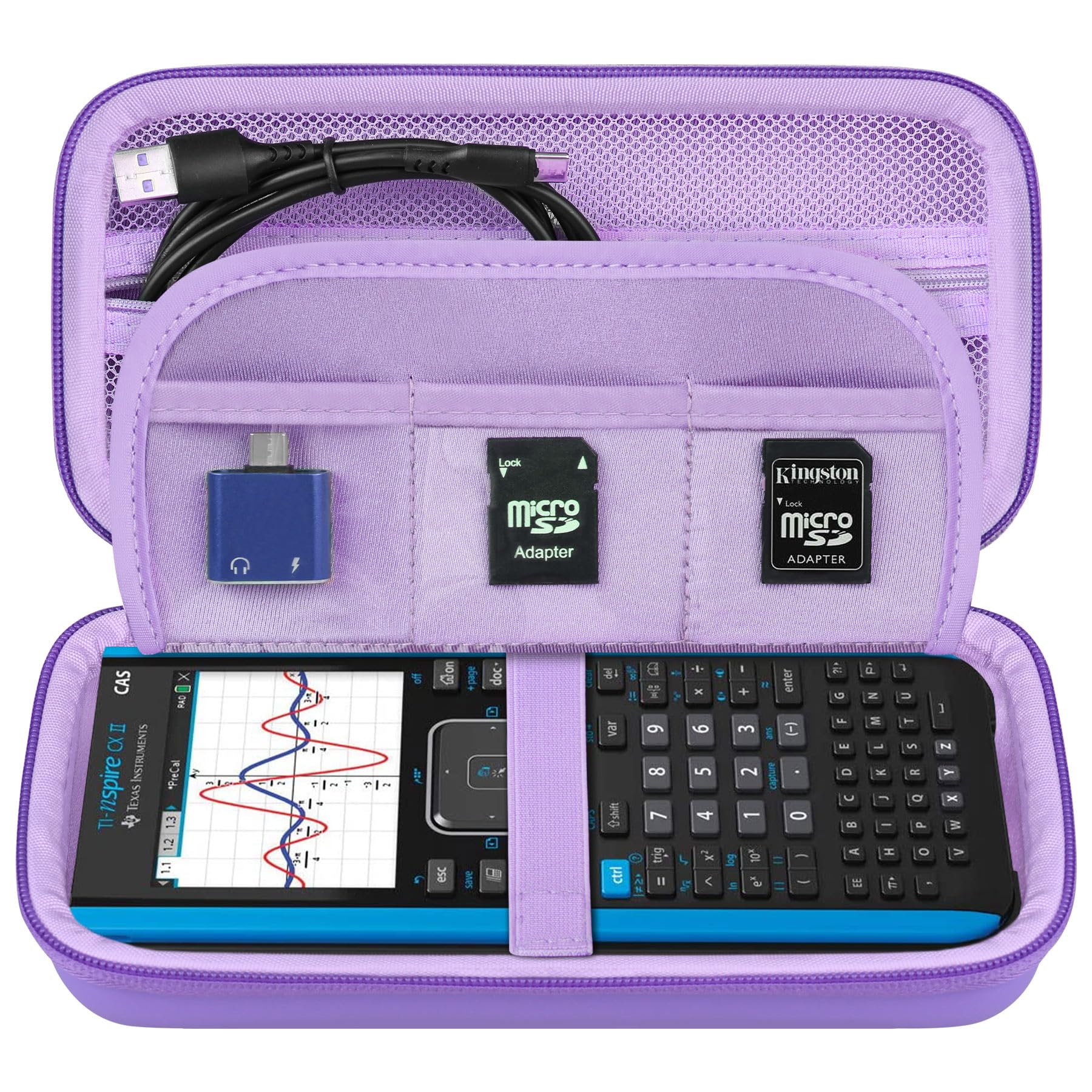 Elonbo Carrying Case For Texas Instruments Ti Nspire Cx Ii Cas/Cx Ii/Cx/Cx Cas Color Graphing Calculator, Extra Mesh Pocket Fits Charging Cable, Charger, Manual, Purple, L92Zz