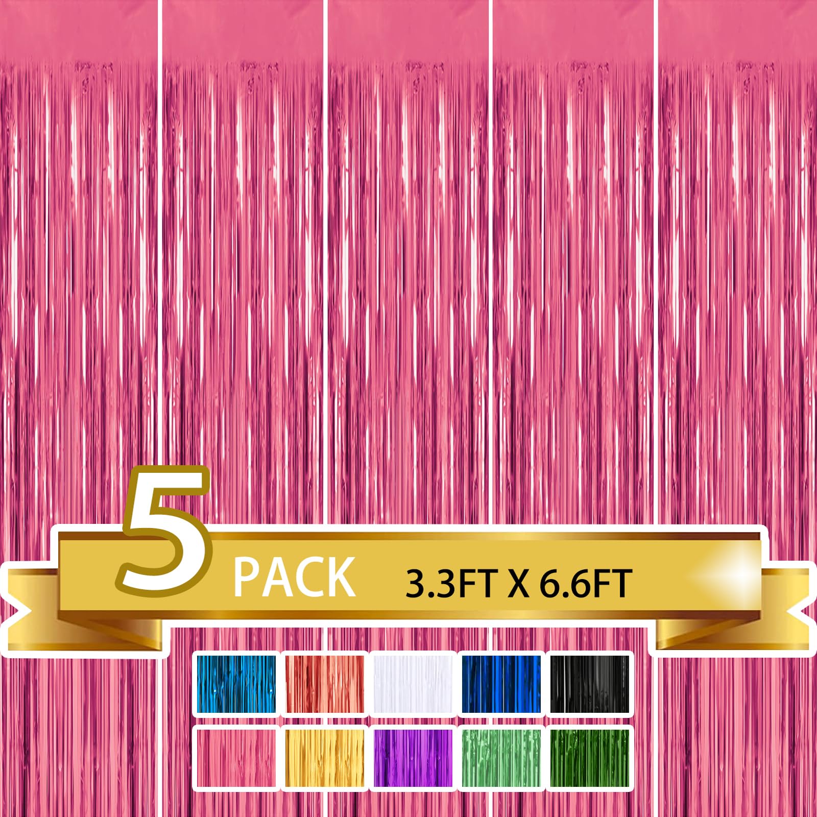 5 Pack Pink Metallic Tinsel Foil Fringe Curtains Party Photo Backdrop Party Streamers For Birthday,Graduation,New Year Eve Decor