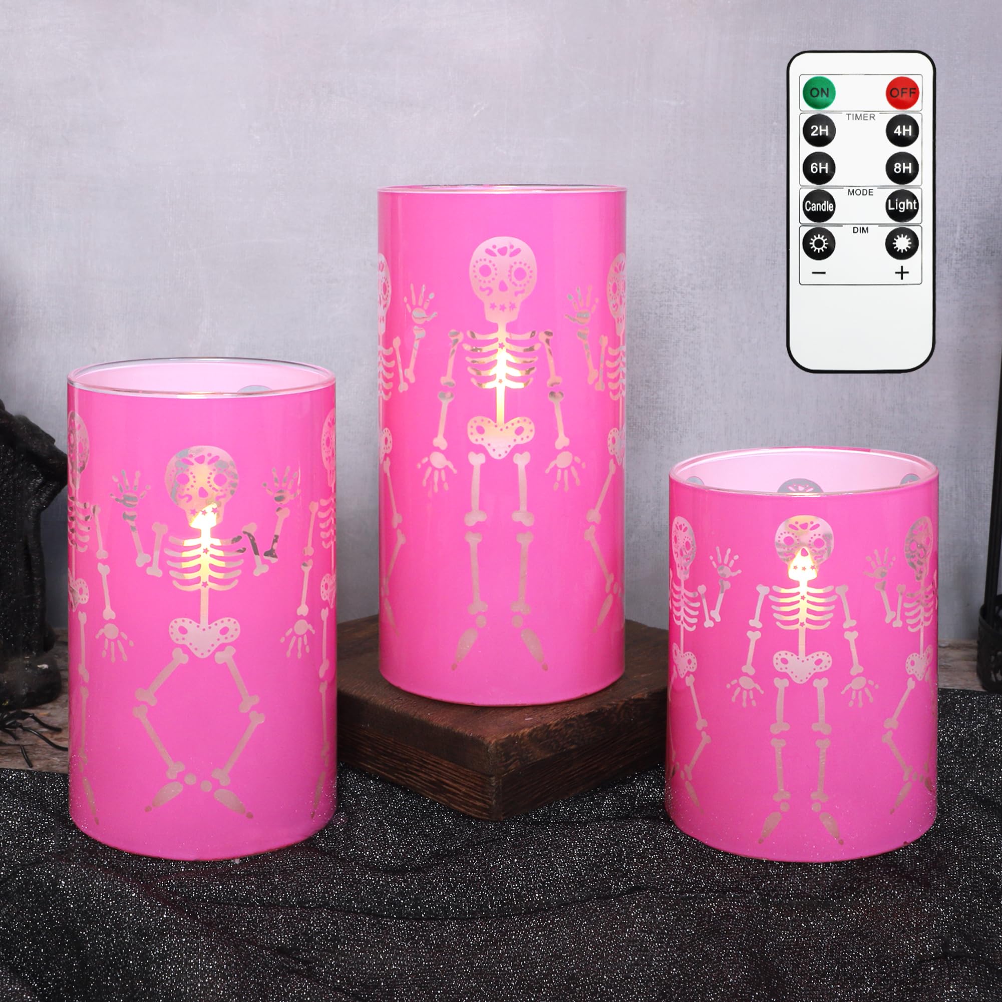 FLAVCHARM Glass Flameless Candles Halloween Gothic Decor Battery Operated Electric Flickering Candles with Remote Control Pink F