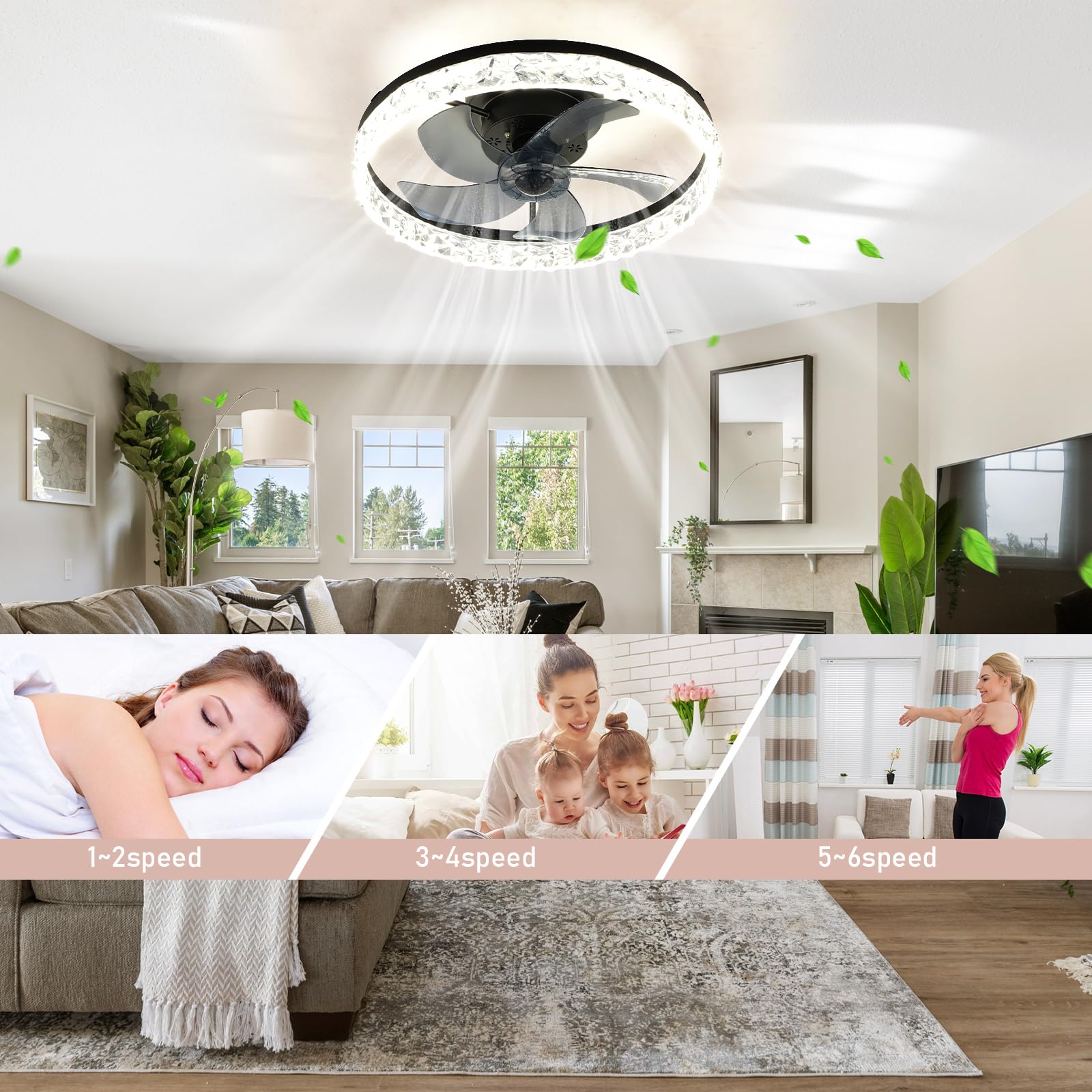 Diisunbihuo 20'' Modern Led Ceiling Fan With Lights Dimmable Acrylic Dimmable Low Profile Ceiling Fan Flush Mount Bladeless Chan