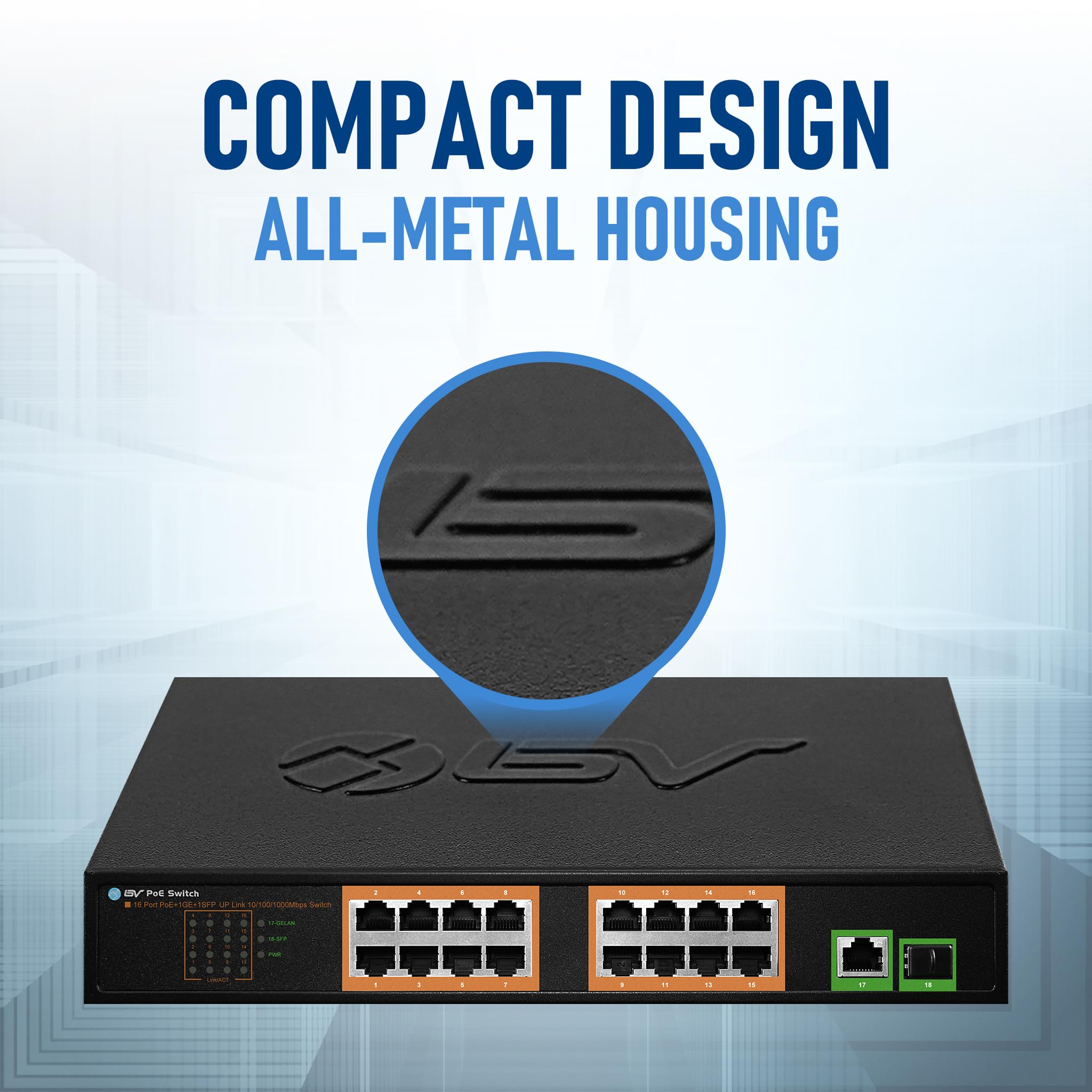 Bv Tech 18 Ports Long Range Poe+ Switch (16 Poe+ Ports | 2 Gigabit Ethernet Uplink)   19'' Rackmount   120W   802.3Af/At  Deskto