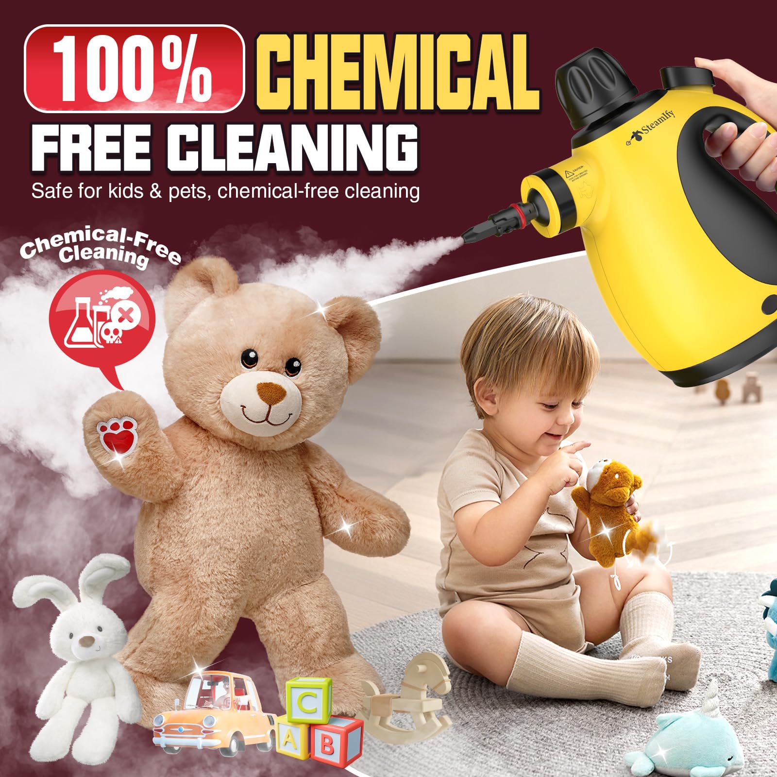 Steamify Pressurized Handheld Steam Cleaner For Home, Multi Surface Steamer With 12 Accessories, 12.8Oz Natural Steamer For Clea