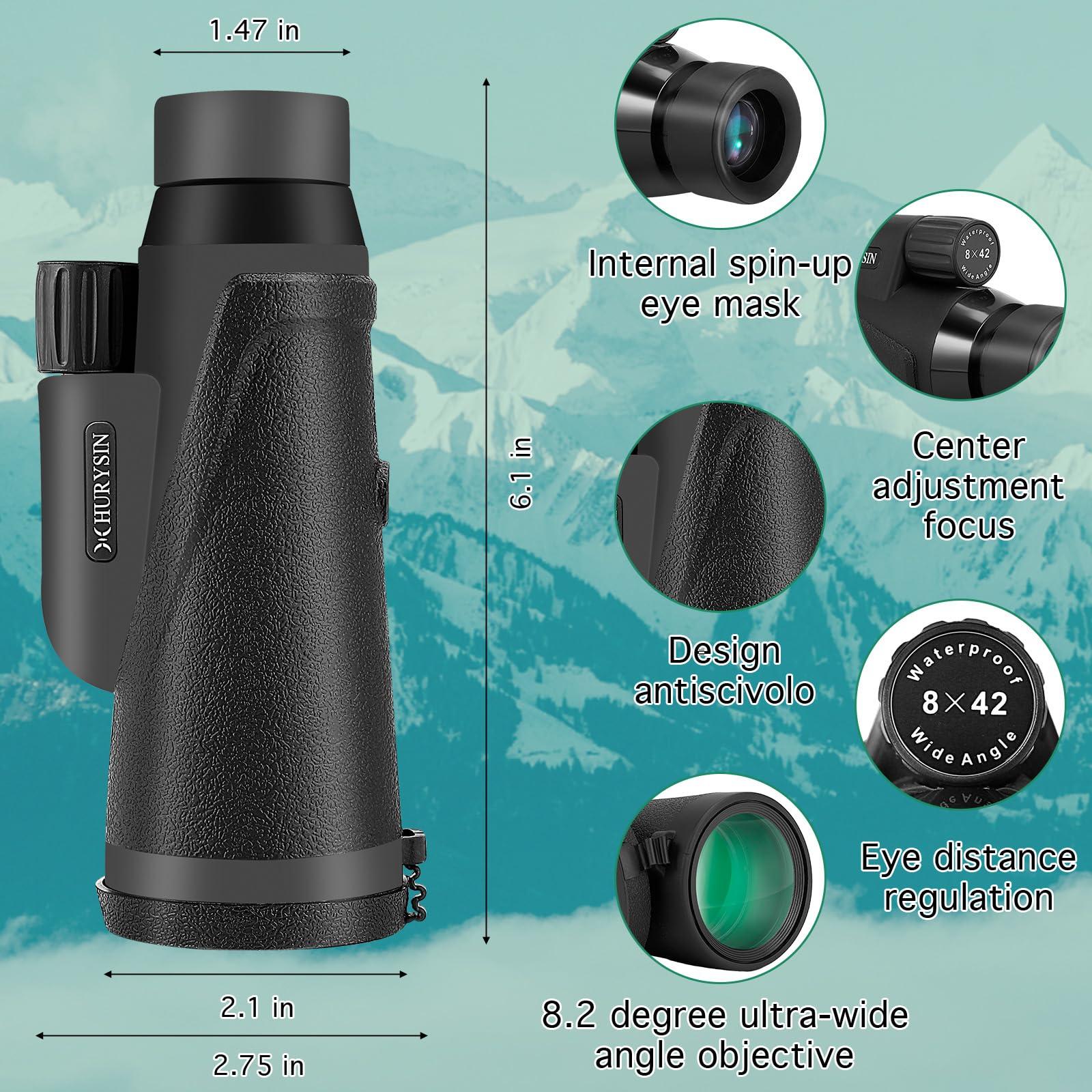 Hurysin 8X42 Monocular   Military Grade Waterproof, Nitrogen Filled, Fmc Green Coated Optics, Bk7 Prism, Perfect For Bird Watchi