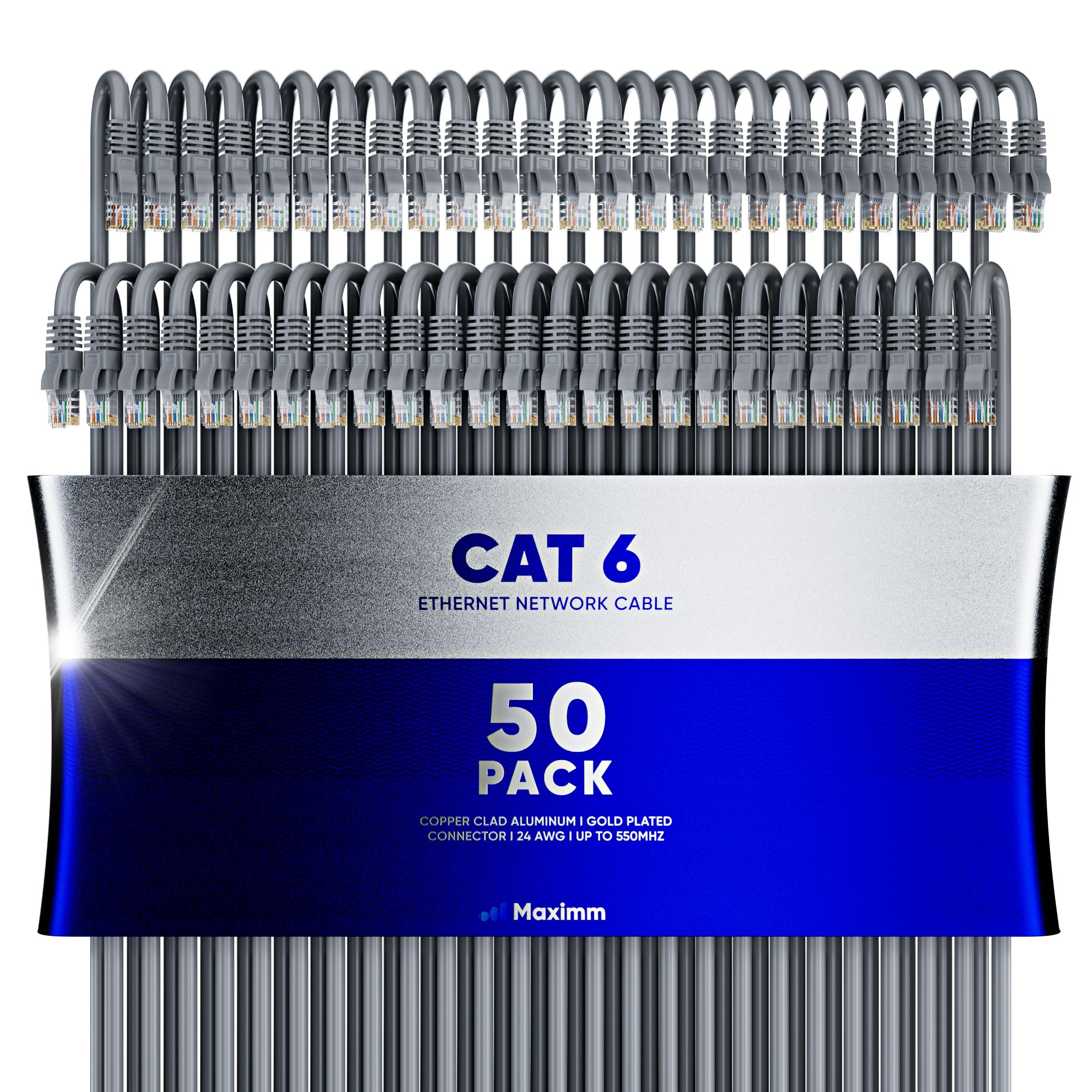 Maximm Cat 6 Ethernet Cable 5 ft (50-Pack) - High-Speed LAN Cable, Internet Cable, Patch Cable, and Network Cable - UTP, 10Gbps,