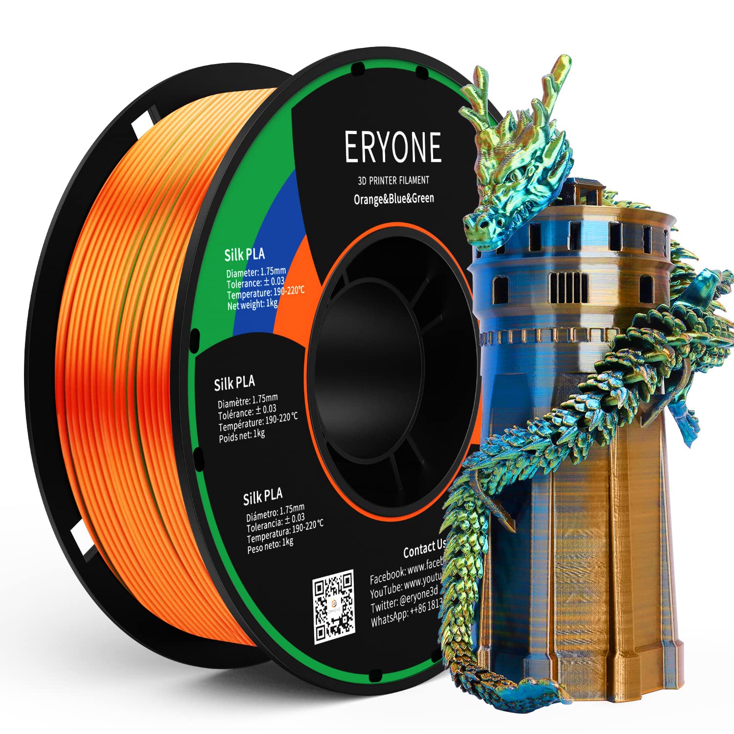 Eryone Silk Tri Color Coextrusion Pla Filament,3D Printer 1.75Mm,+/ 0.03Mm, Triple Color Filament 1Kg(2.2Lbs), Silk Orange,Blue